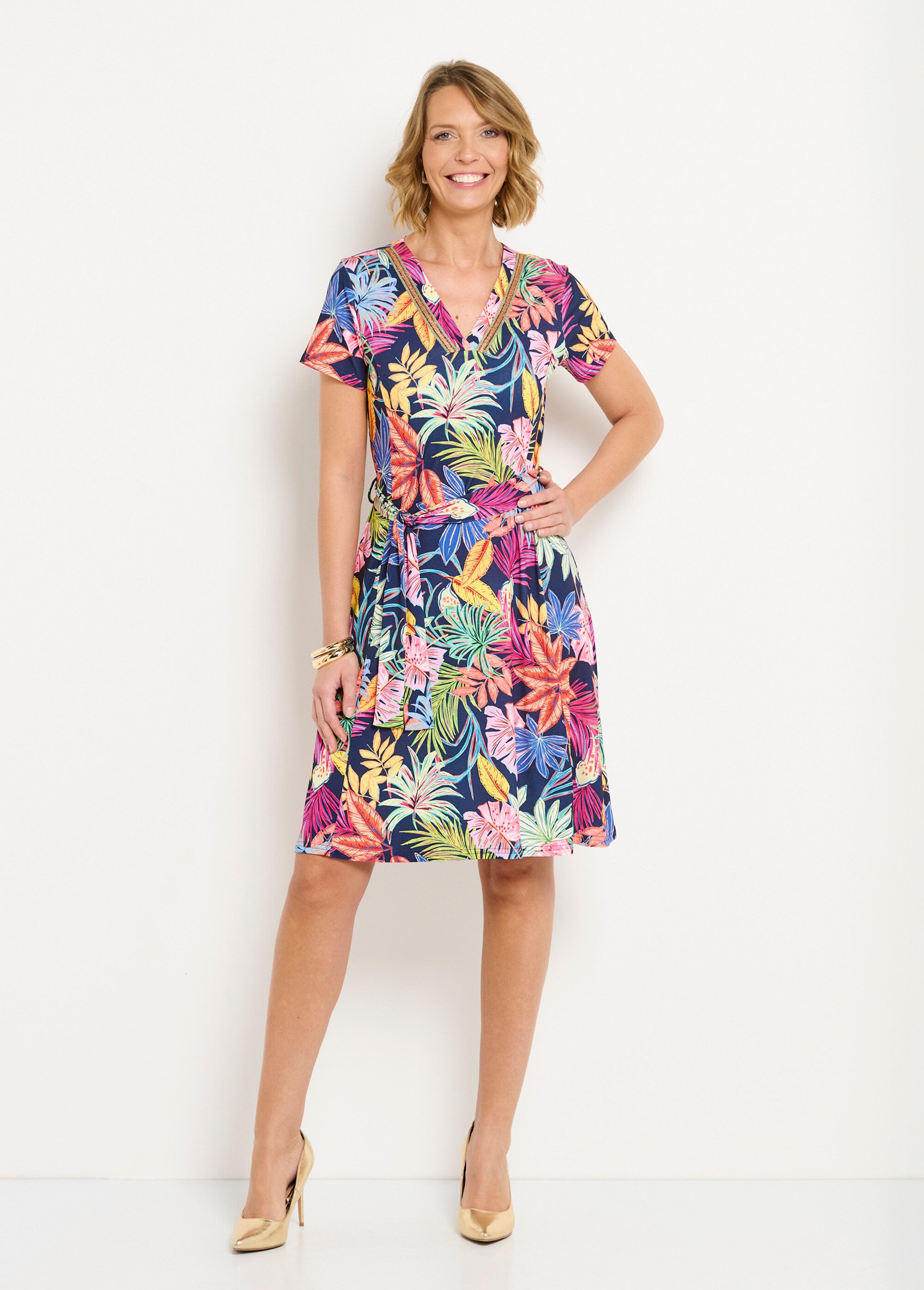 Robe col V courte évasée imprimé feuilles