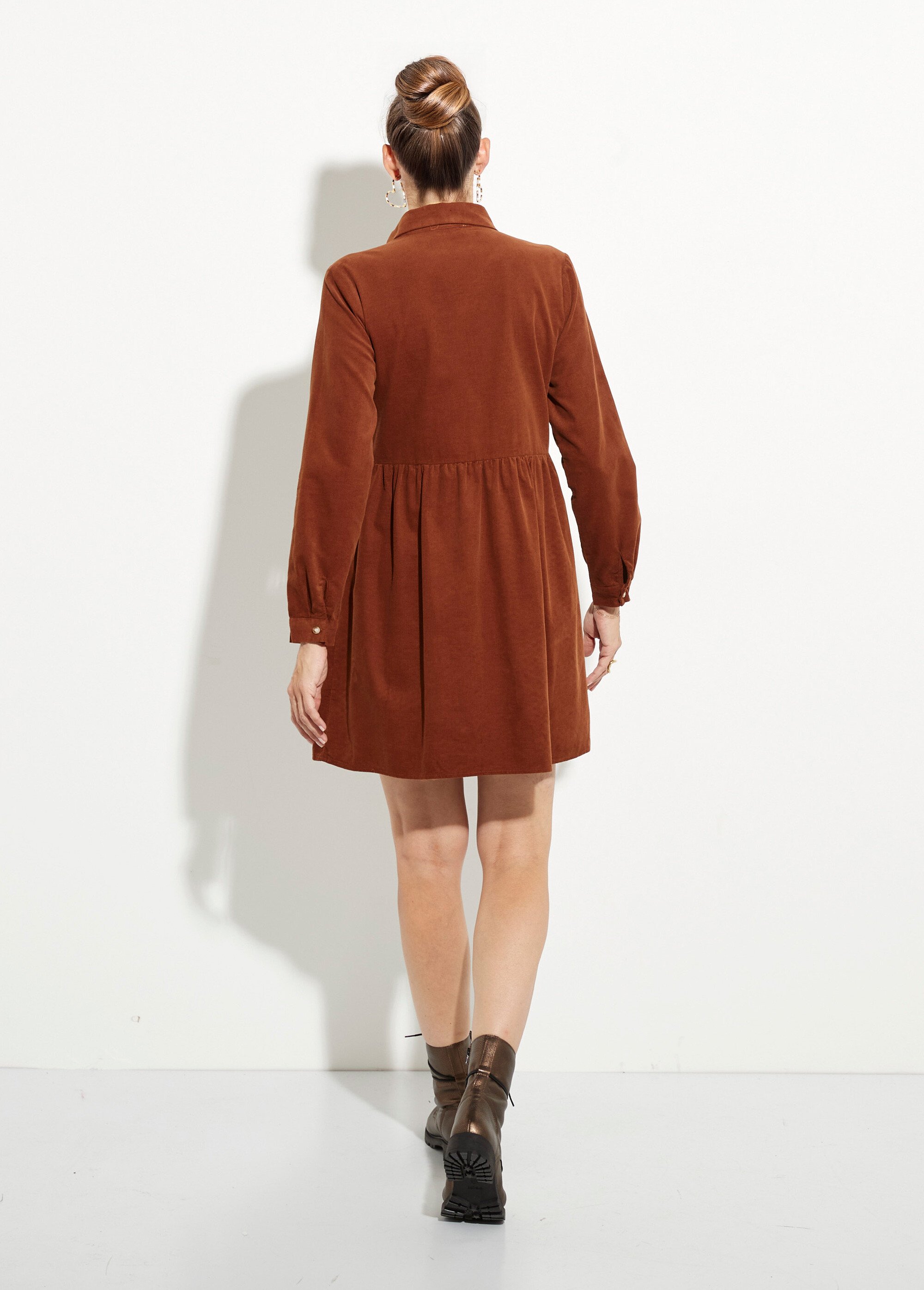 Robe chemisier en velours taille plissée Femme Marron IA-R5932 DO1