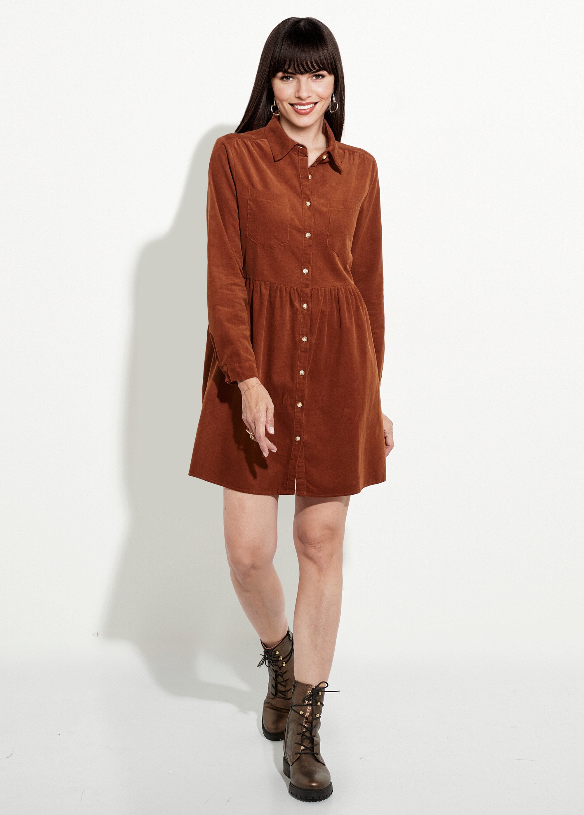 Robe chemisier en velours taille plissée Femme Marron IA-R5932 FA1