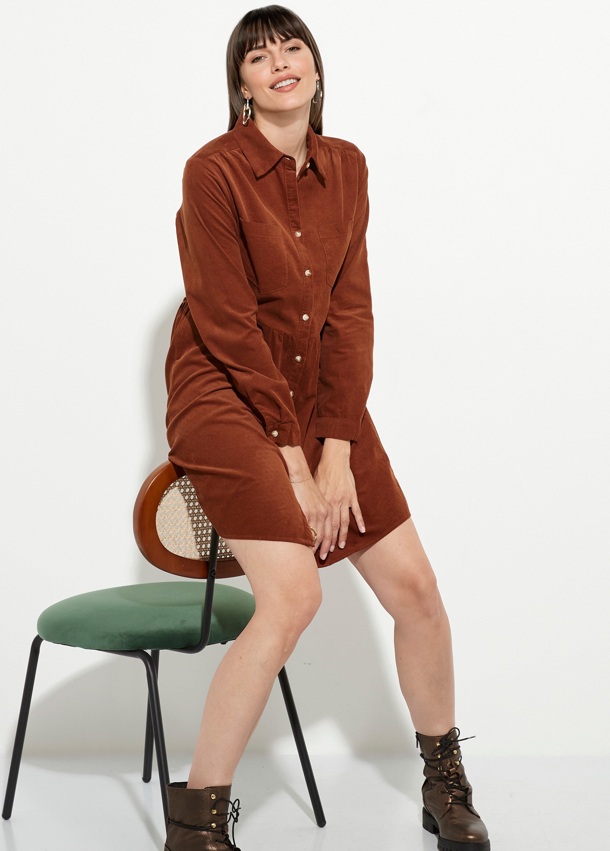 Robe chemisier en velours taille plissée Femme Marron IA-R5932 MV1