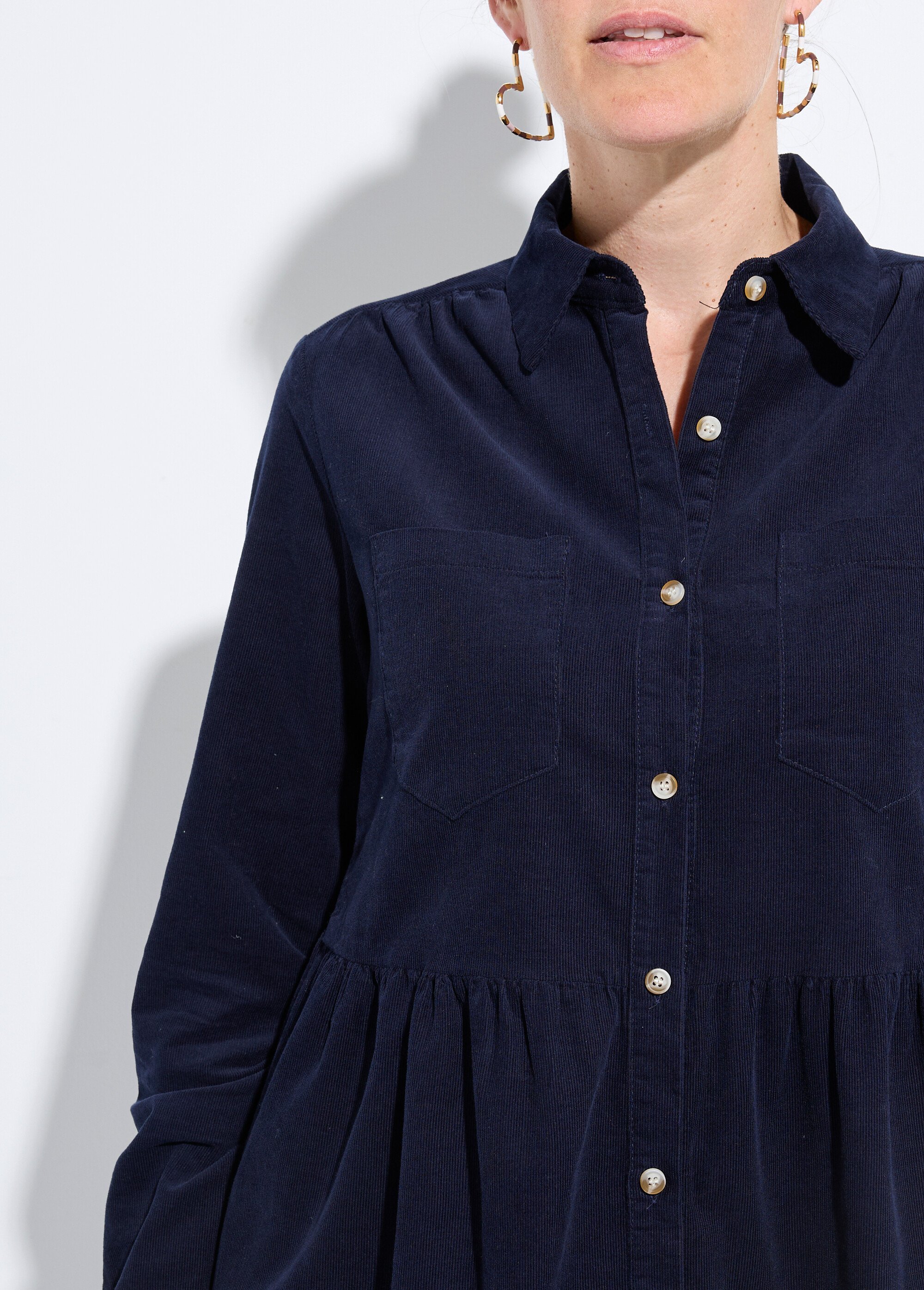 Robe chemisier en velours taille plissée Femme Bleu IA-R5932 DE1
