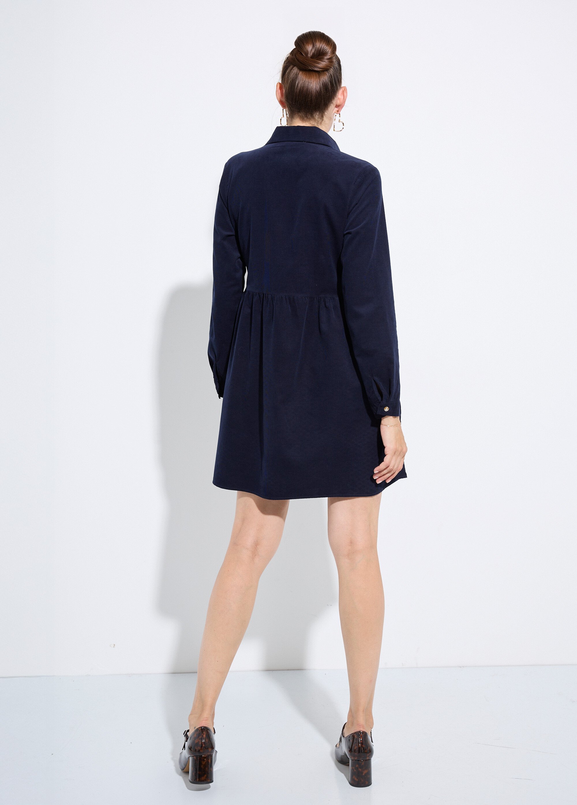 Robe chemisier en velours taille plissée Femme Bleu IA-R5932 DO1