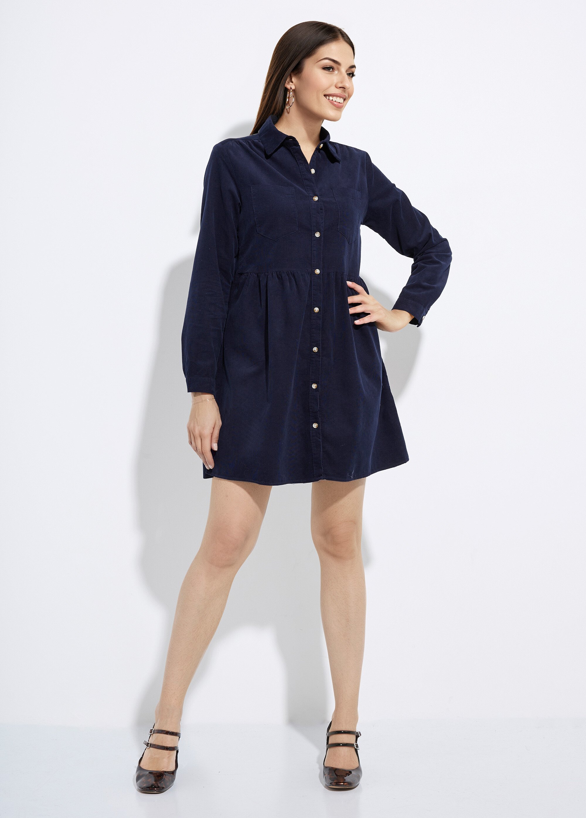 Robe chemisier en velours taille plissée Femme Bleu IA-R5932 FA1