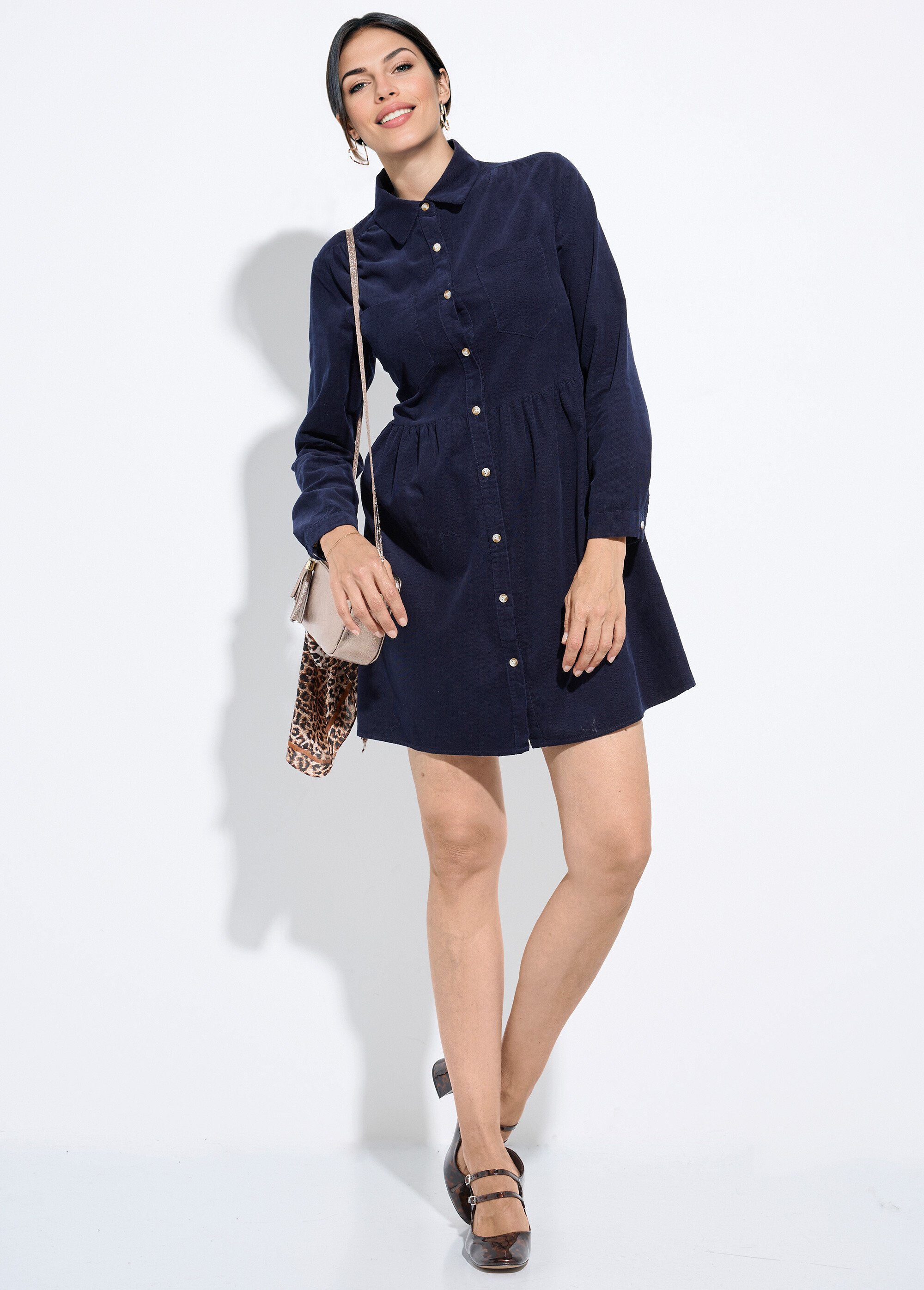 Robe chemisier en velours taille plissée Femme Bleu IA-R5932 MV1