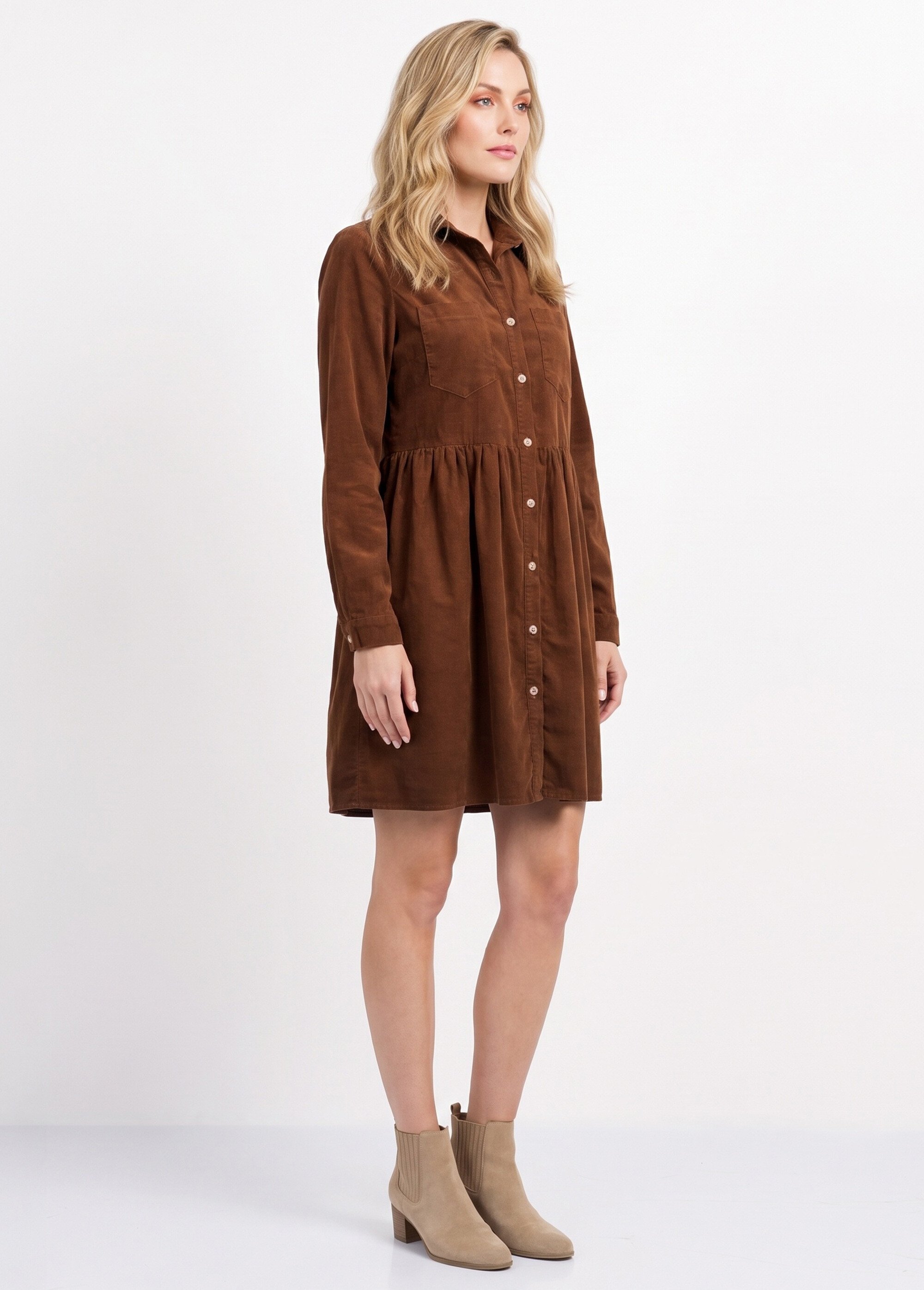 Robe chemisier en velours taille plissée Femme Marron IA-R5932 DR1