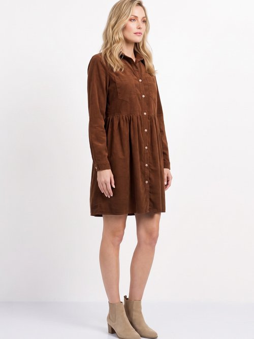 Robe chemisier en velours taille plissée Femme Marron IA-R5932 DR1