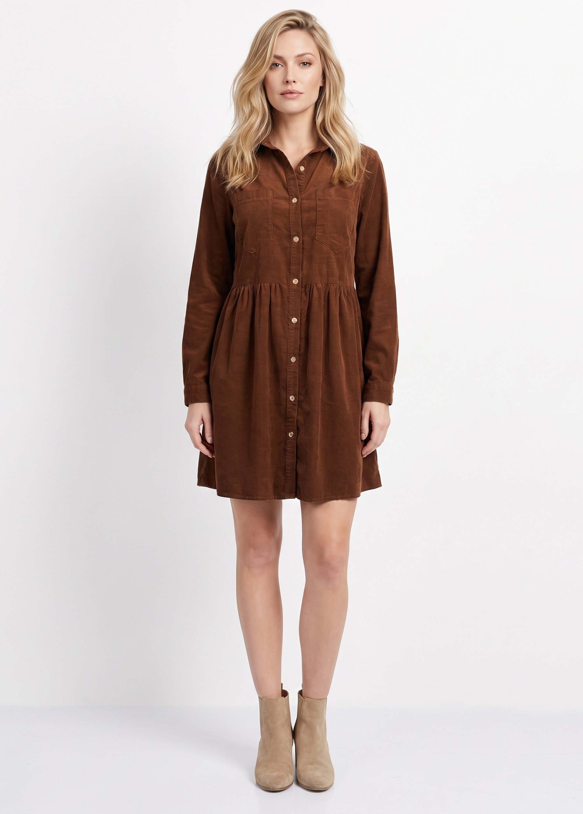 Robe chemisier en velours taille plissée Femme Marron IA-R5932 FA1