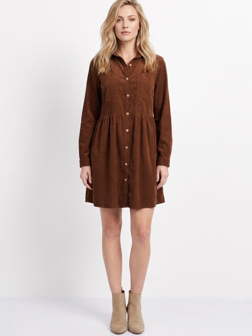 Robe chemisier en velours taille plissée Femme Marron IA-R5932 FA1