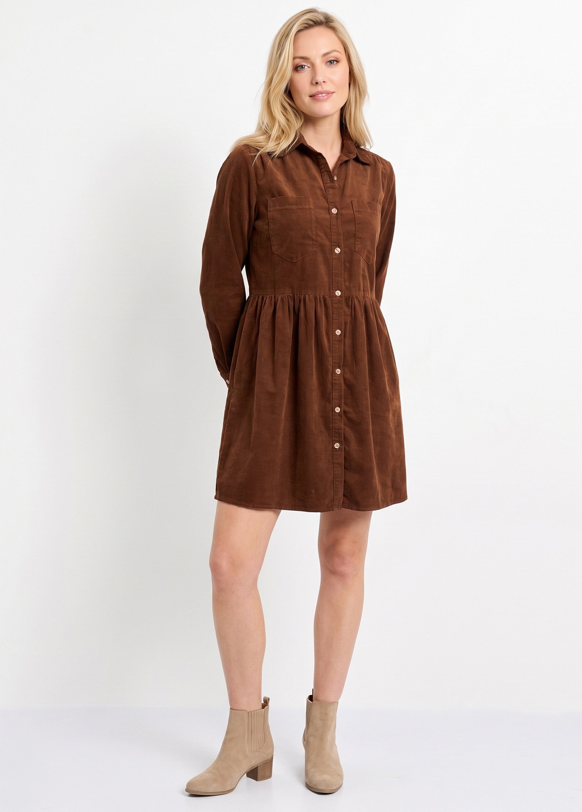 Robe chemisier en velours taille plissée Femme Marron IA-R5932 MV1