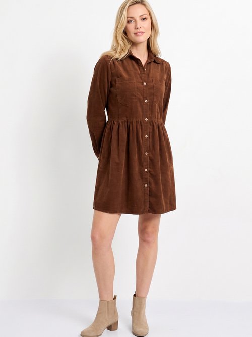 Robe chemisier en velours taille plissée Femme Marron IA-R5932 MV1