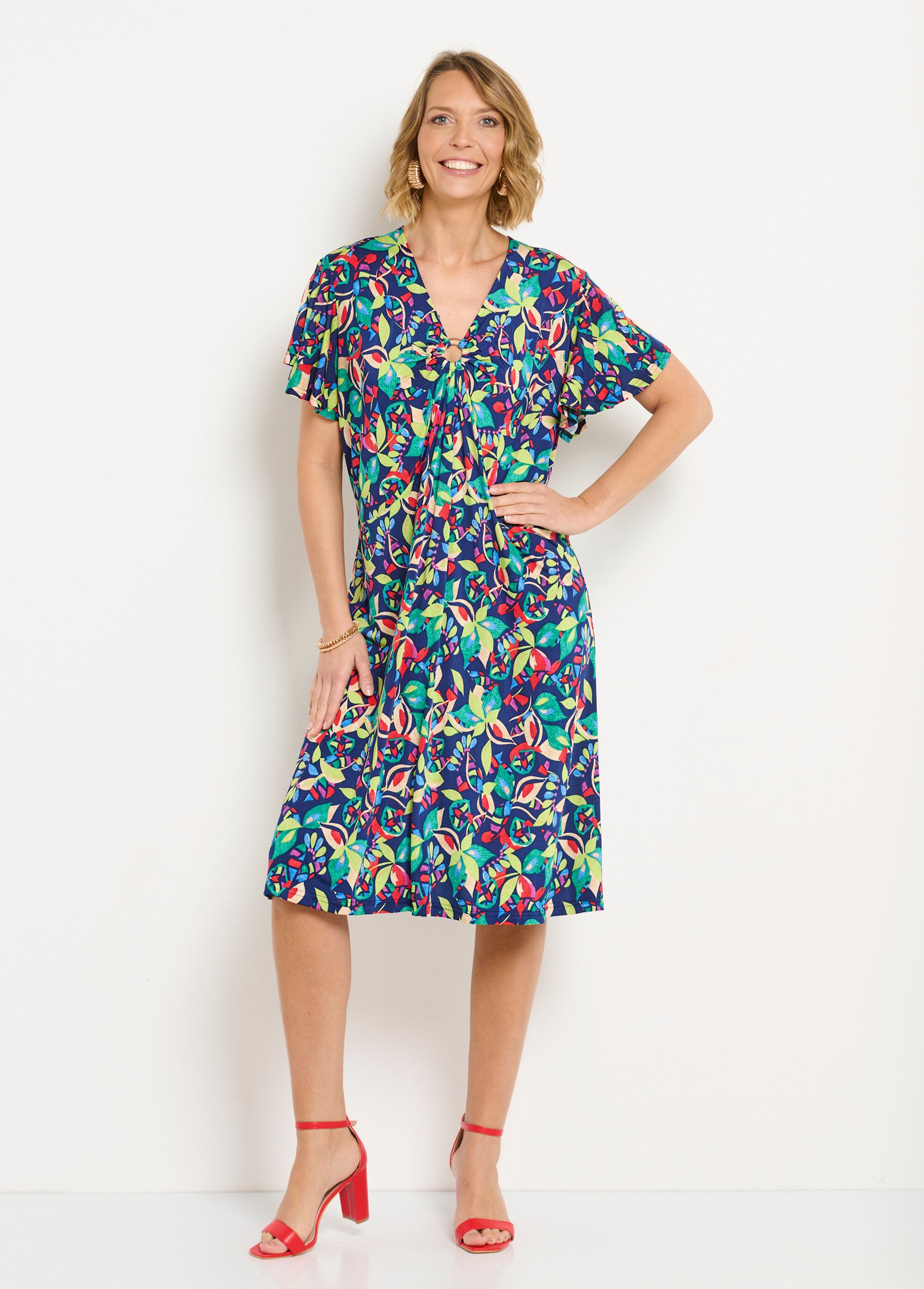 Robe évasée courte imprimé multicolore