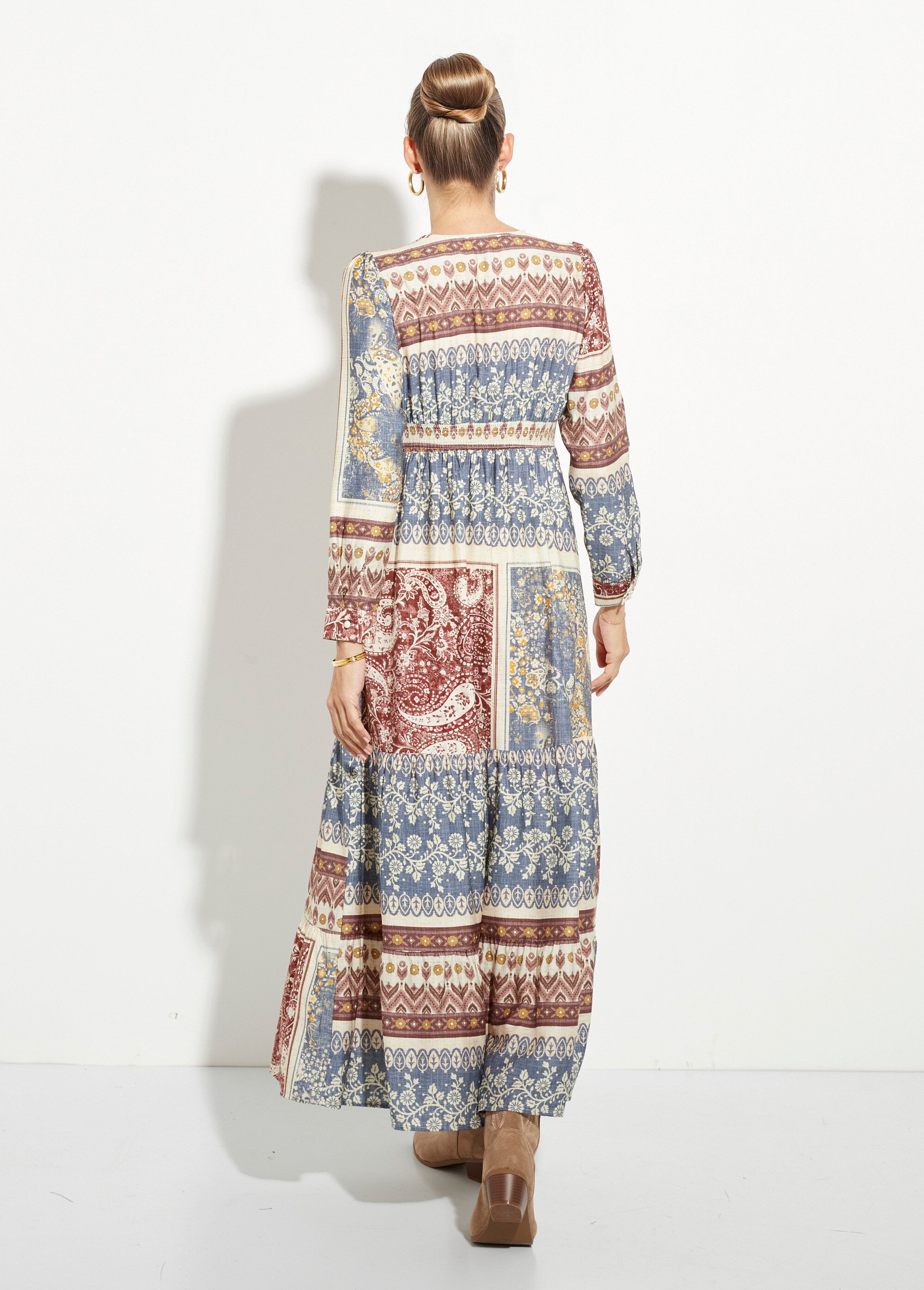 Robe longue à étages, motif patchwork Femme Bleu IA-R5906 DO1
