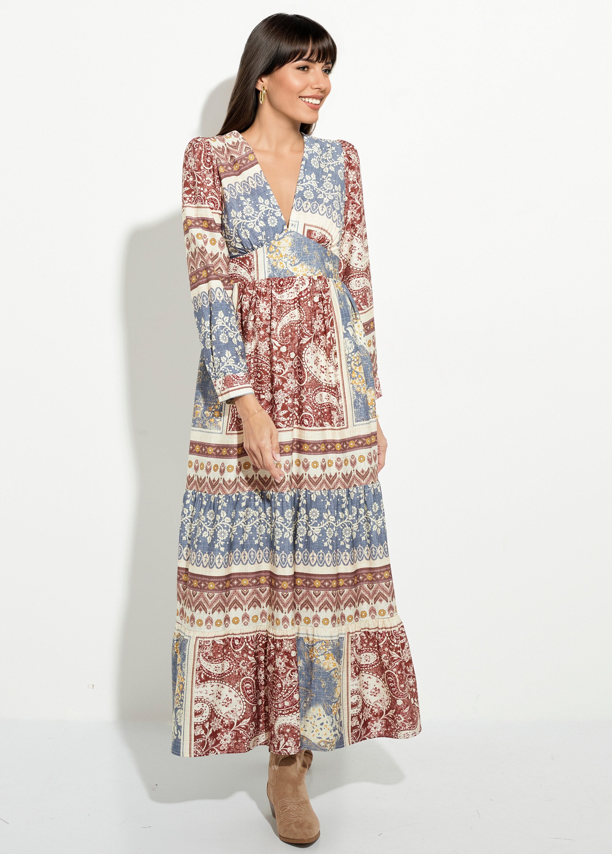 Robe longue à étages, motif patchwork Femme Bleu IA-R5906 FA1