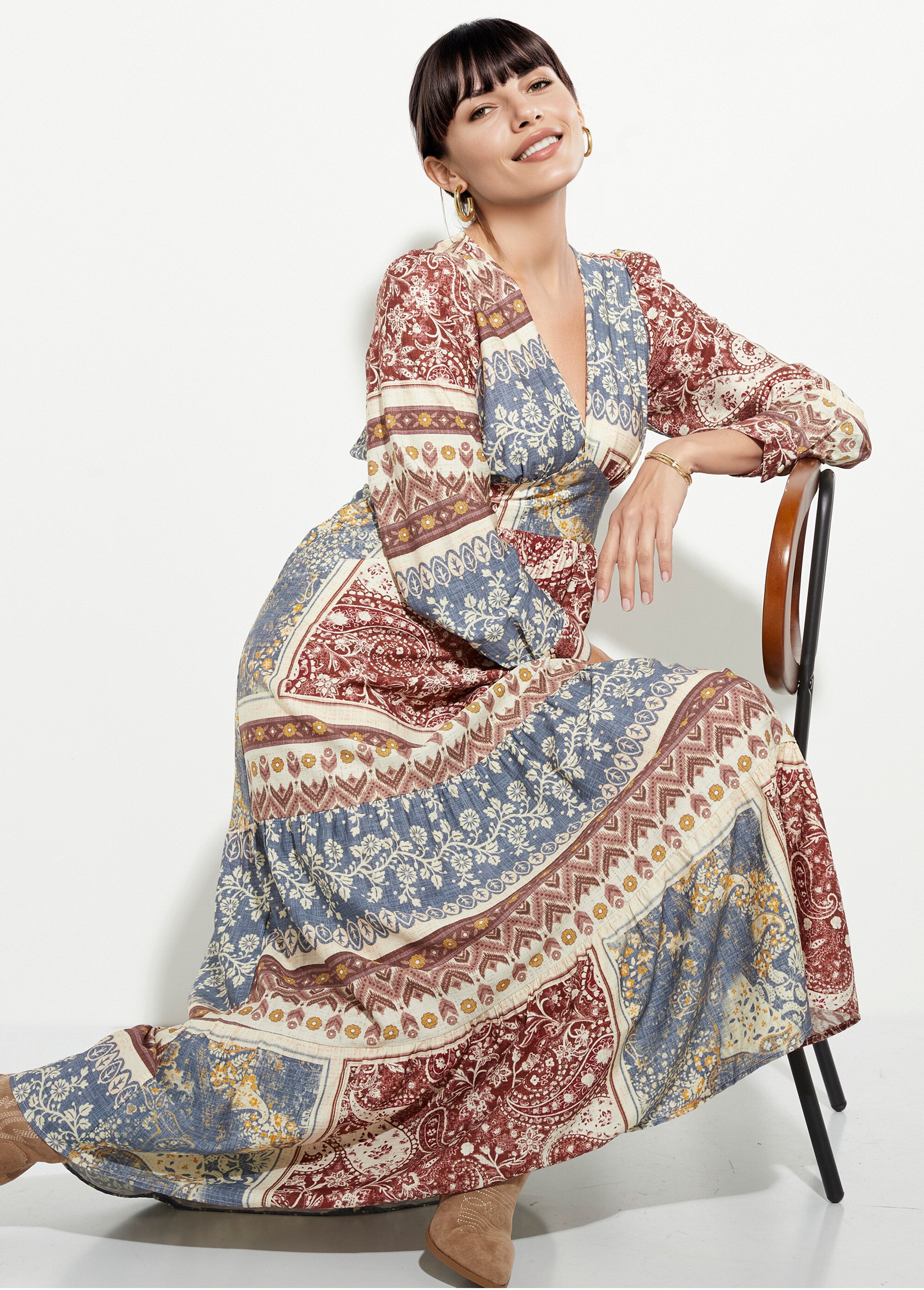 Robe longue à étages, motif patchwork Femme Bleu IA-R5906 MV1