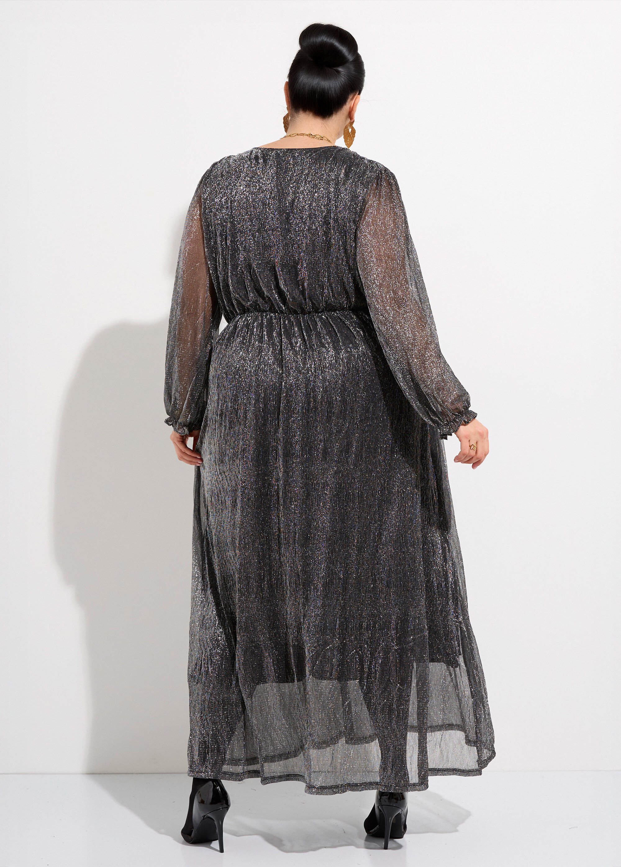 Robe longue avec col V et voile pailleté Femme Grande Taille Noir MA-688-1211 DO1