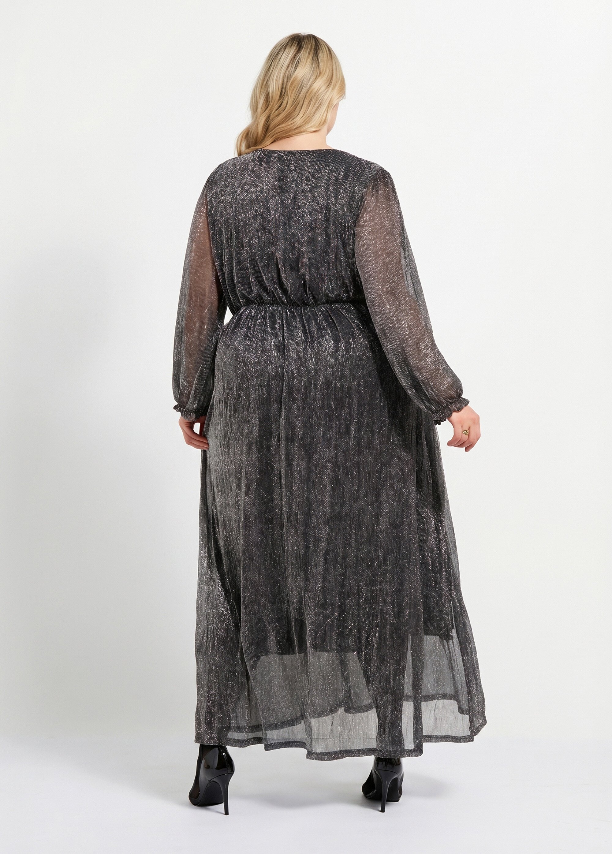 Robe longue avec col V et voile pailleté Femme Grande Taille Noir MA-688-1211 DO1