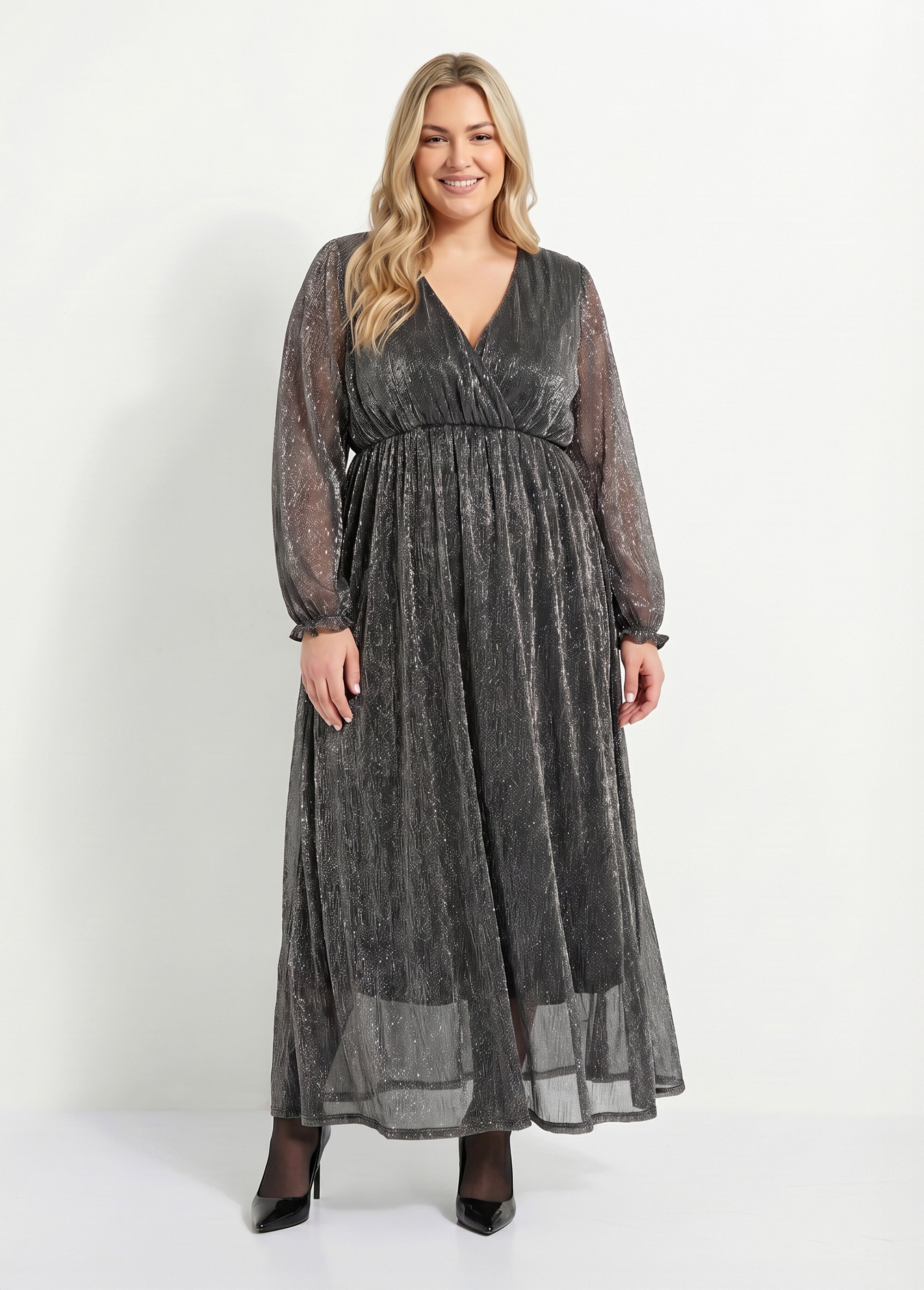 Robe longue avec col V et voile pailleté Femme Grande Taille Noir MA-688-1211 FA1