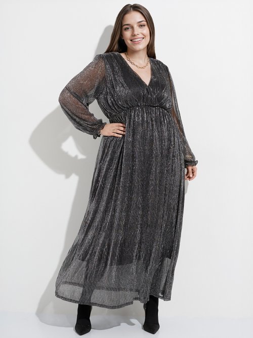 Robe longue avec col V et voile pailleté Femme Grande Taille Noir MA-688-1211 MV1