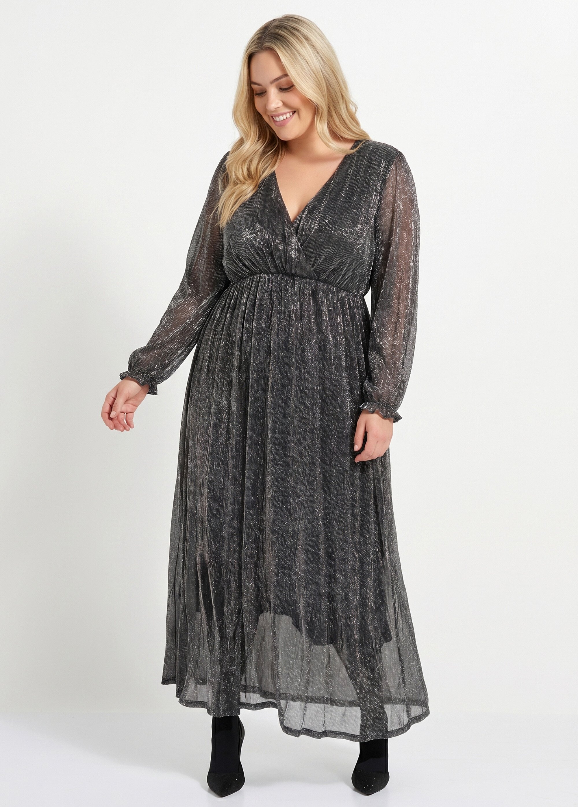 Robe longue avec col V et voile pailleté Femme Grande Taille Noir MA-688-1211 MV1