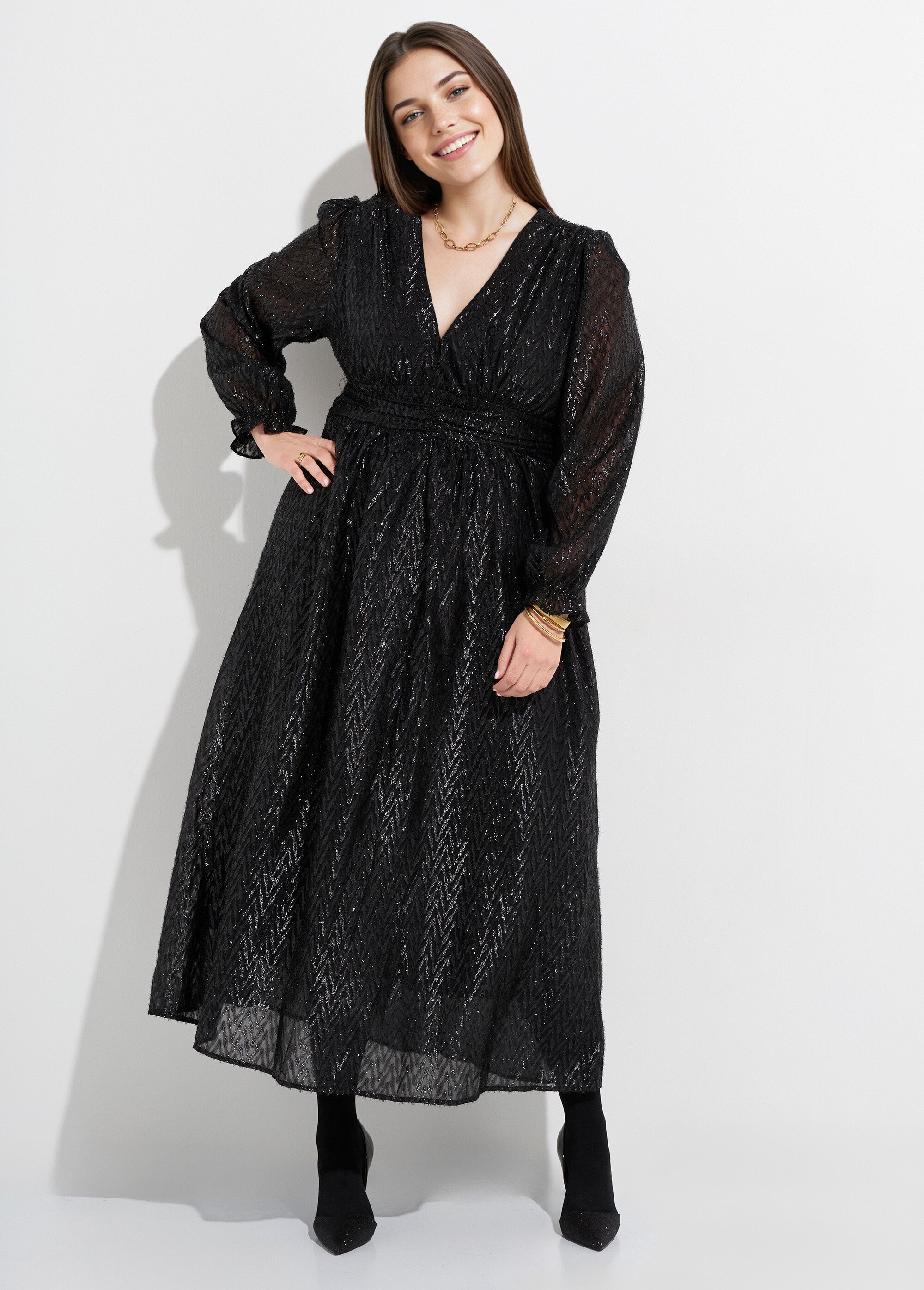 Robe longue chic col V, chevrons fantaisie Femme Grande Taille Noir MA-M217-1191 MV1