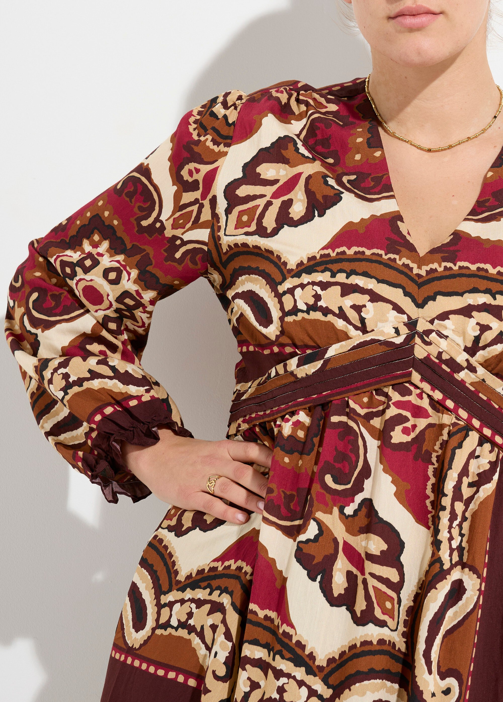 Robe longue col V inspiration ethnique Femme Grande Taille Beige MA-M967-2238 DE1