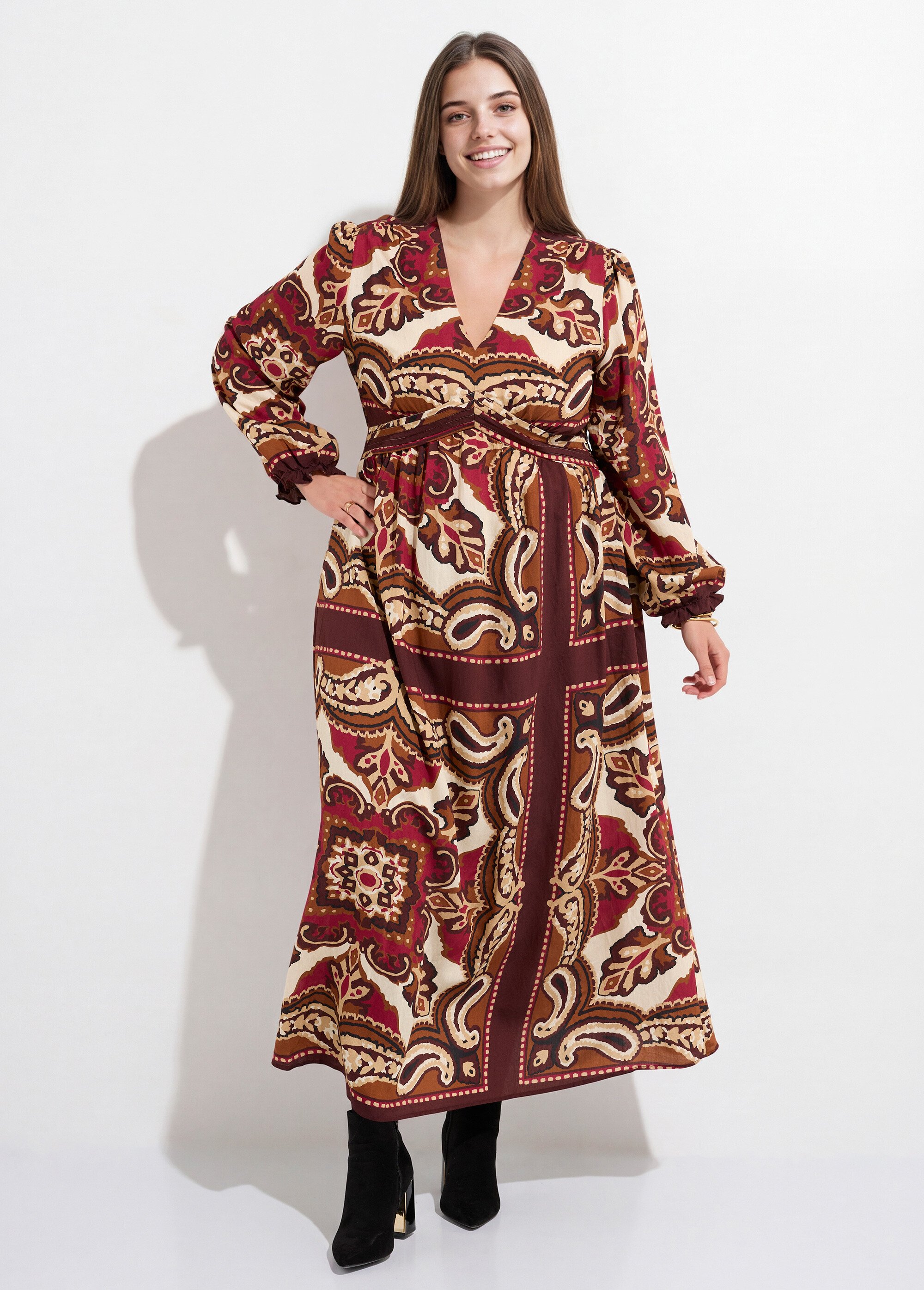 Robe longue col V inspiration ethnique Femme Grande Taille Beige MA-M967-2238 FA1