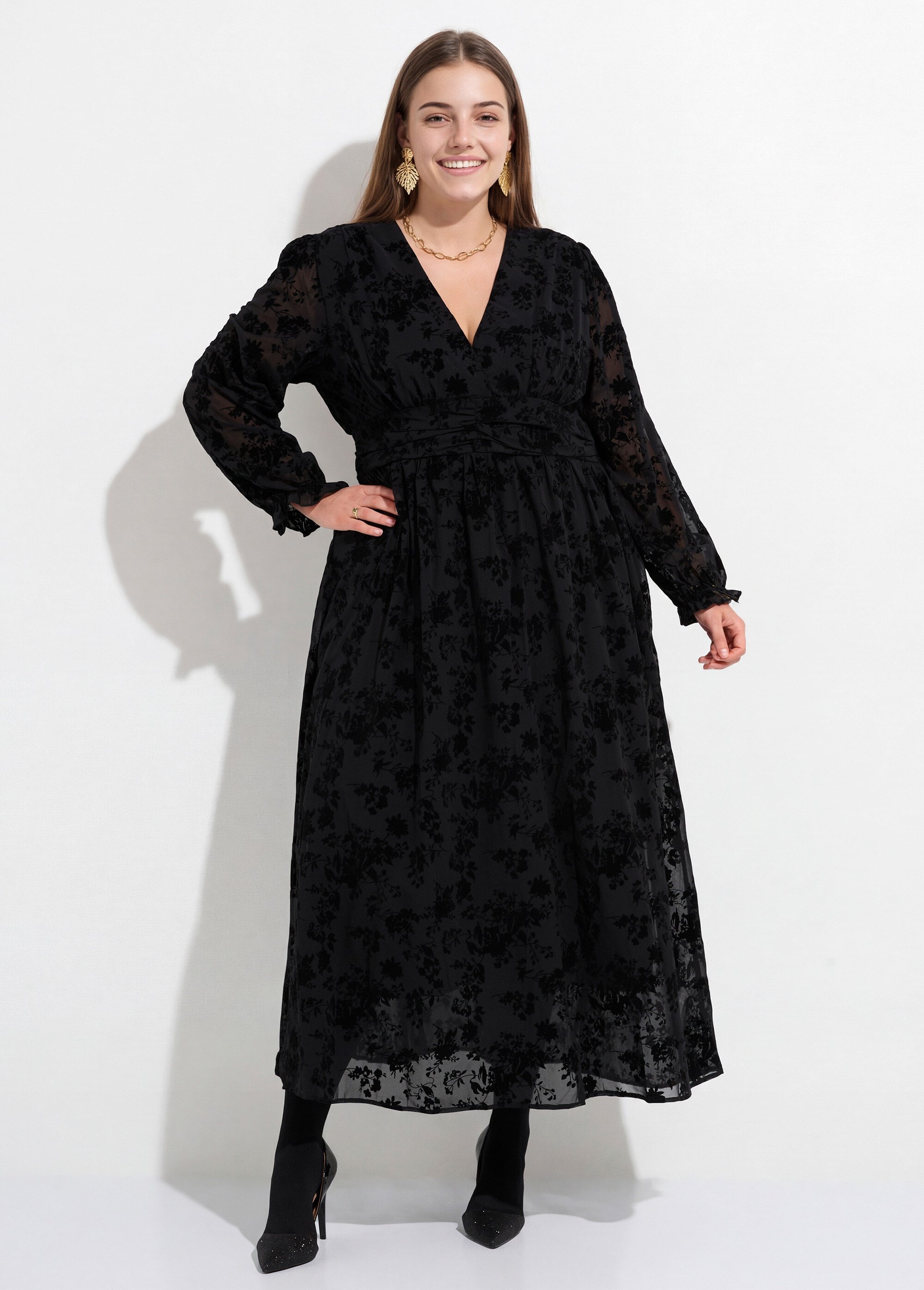 Robe longue col V, voile et motif velours Femme Grande Taille Noir MA-M217-5-2103 FA1