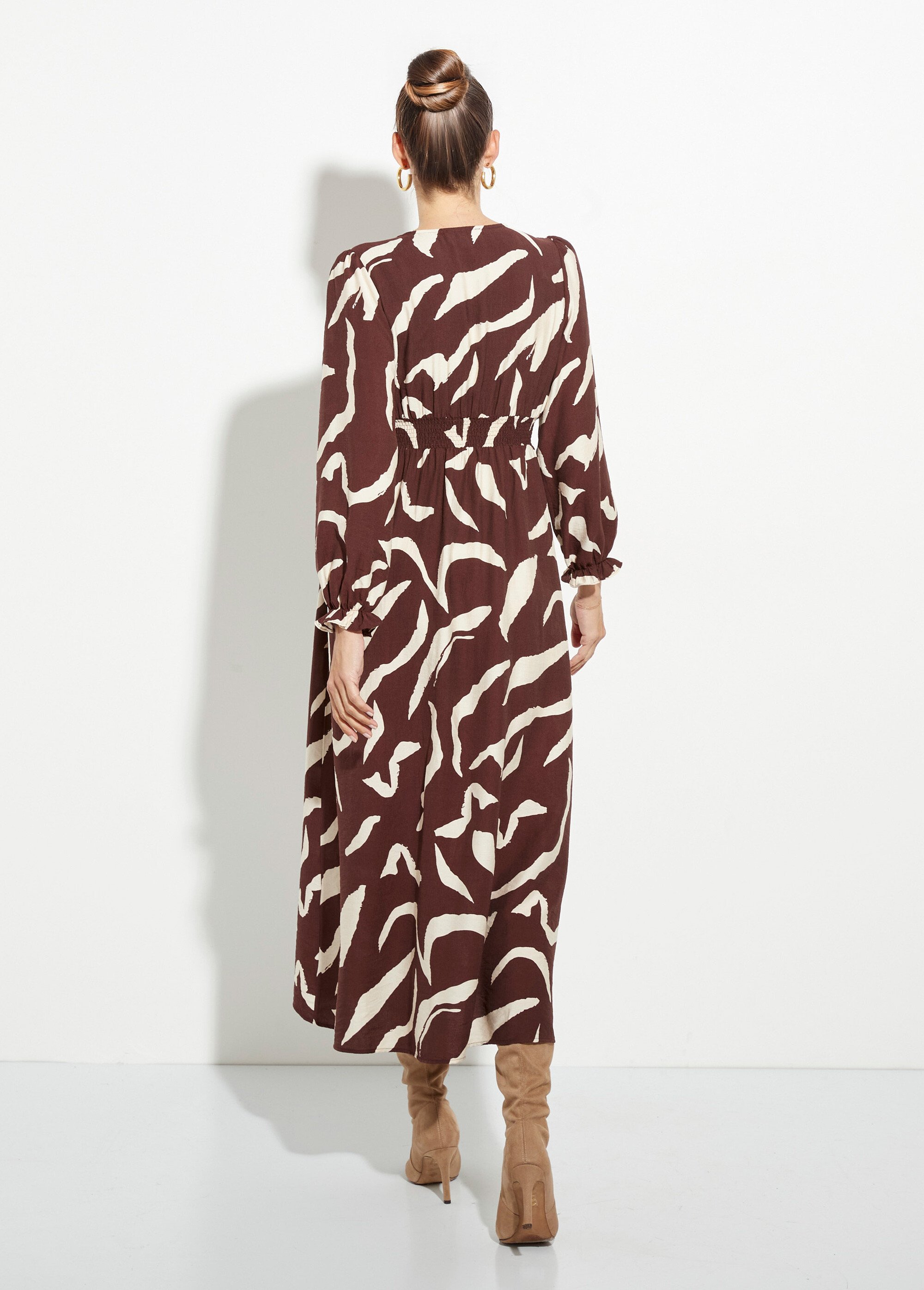 Robe longue imprimée taille plissée col V Femme Marron IA-R5921 DO1