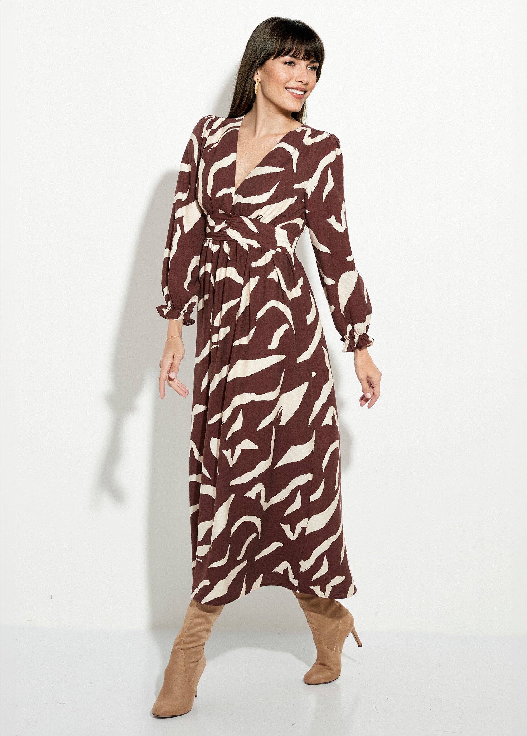 Robe longue imprimée taille plissée col V Femme Marron IA-R5921 FA1