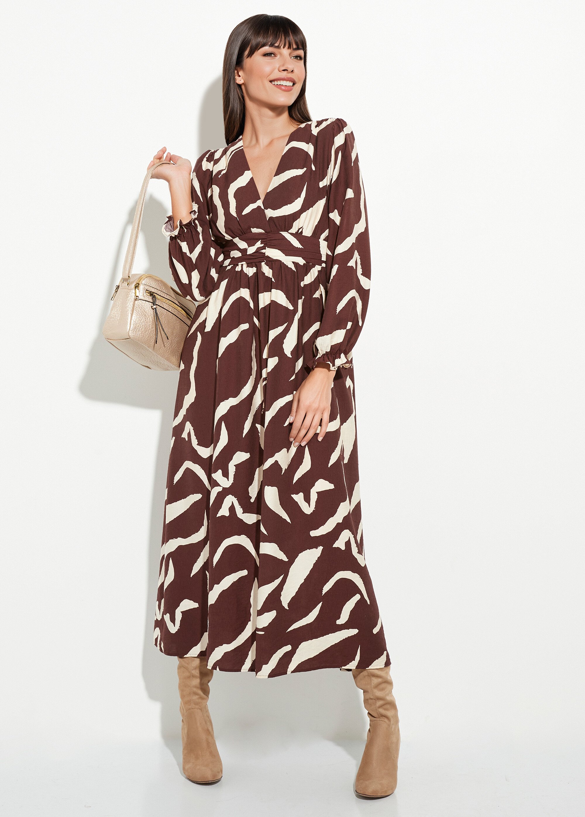 Robe longue imprimée taille plissée col V Femme Marron IA-R5921 MV1