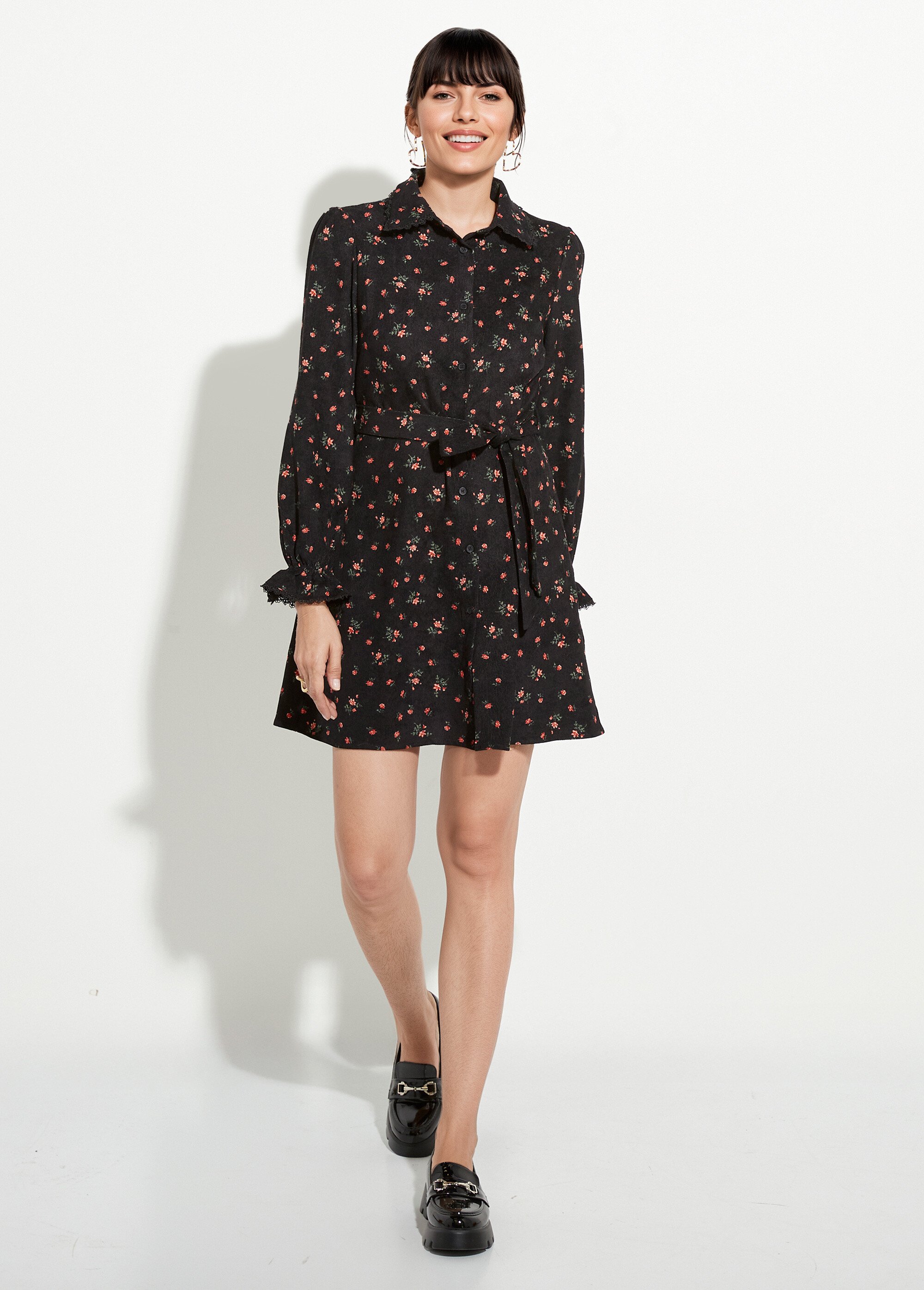 Robe velours milleraies imprimé roses Femme Noir IA-T022 FA1