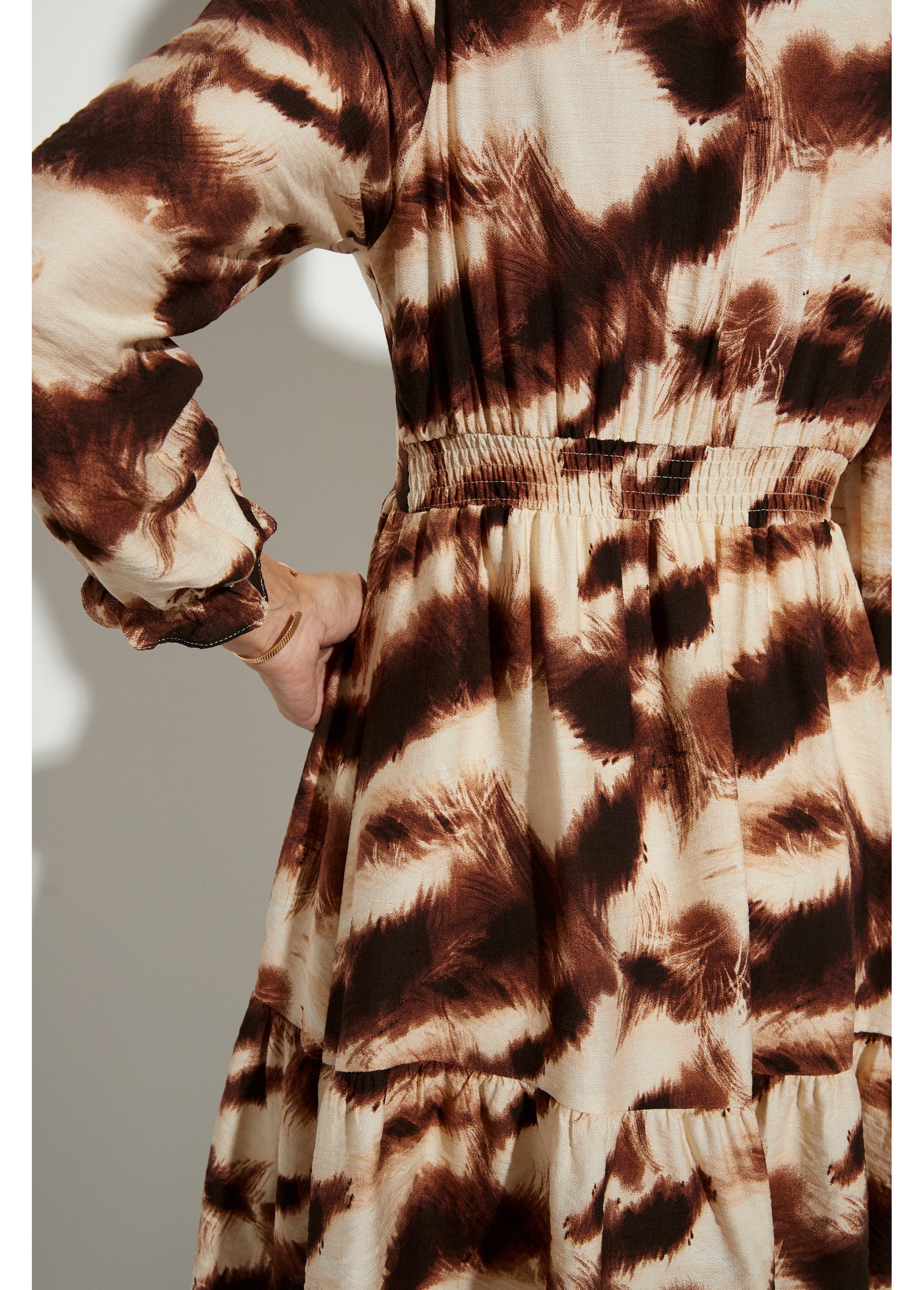 Robe volantée col V manches resserrées Femme Marron IA-C873 DE2