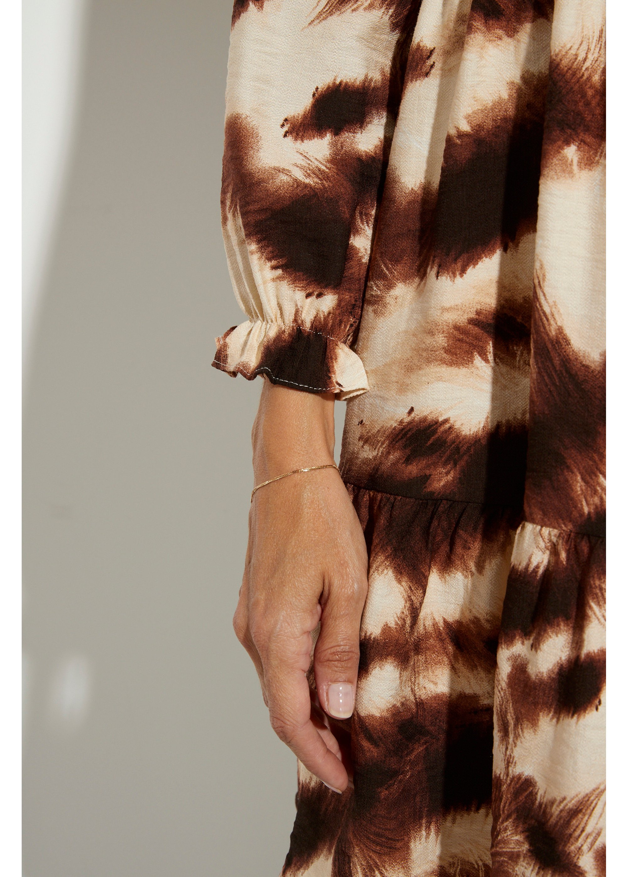 Robe volantée col V manches resserrées Femme Marron IA-C873 DE3