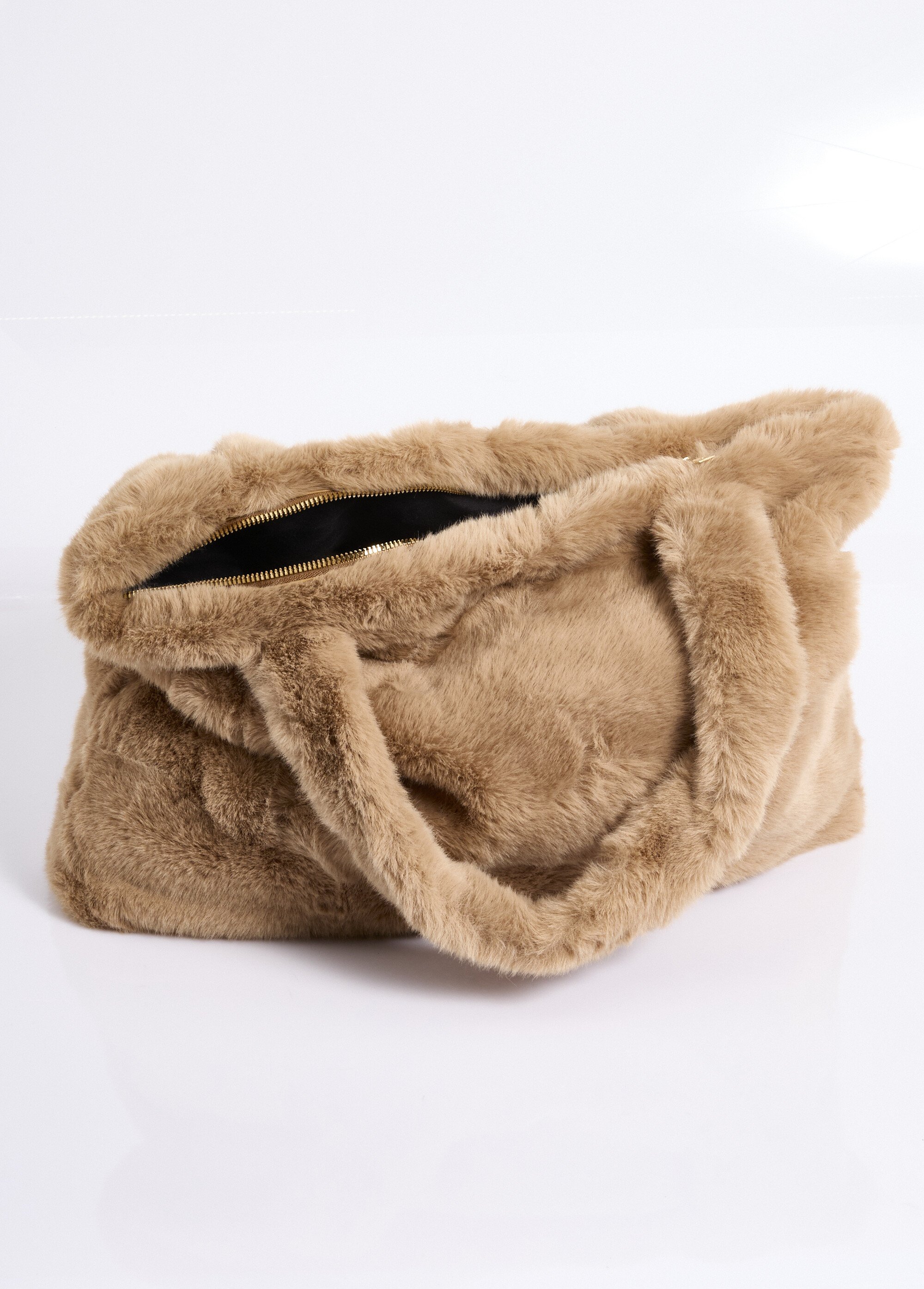 Sac en fausse fourrure avec anses courtes Femme Beige NES180LBW2404 DE1