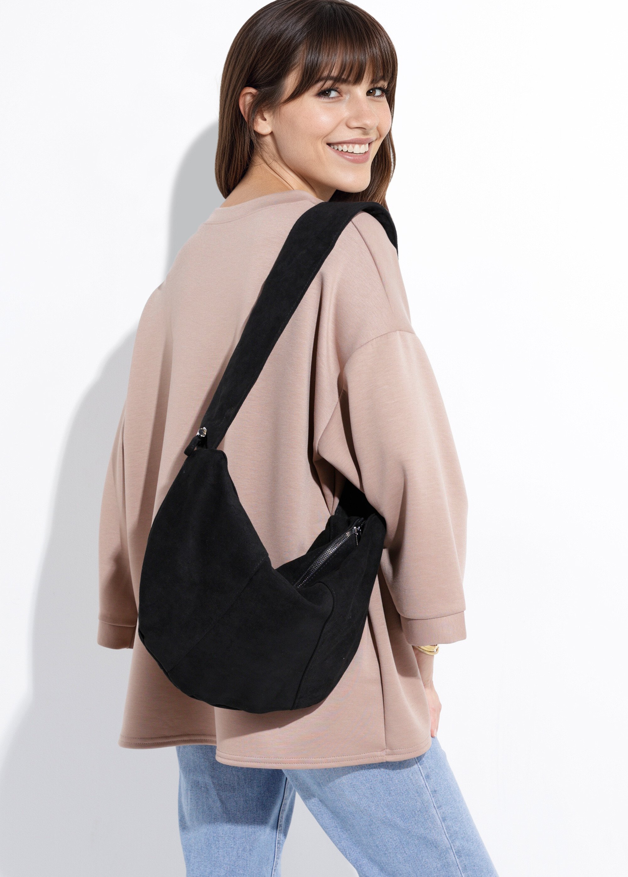 Sac en suédine à bandoulière large Femme Noir NES180LBW2503 FA1