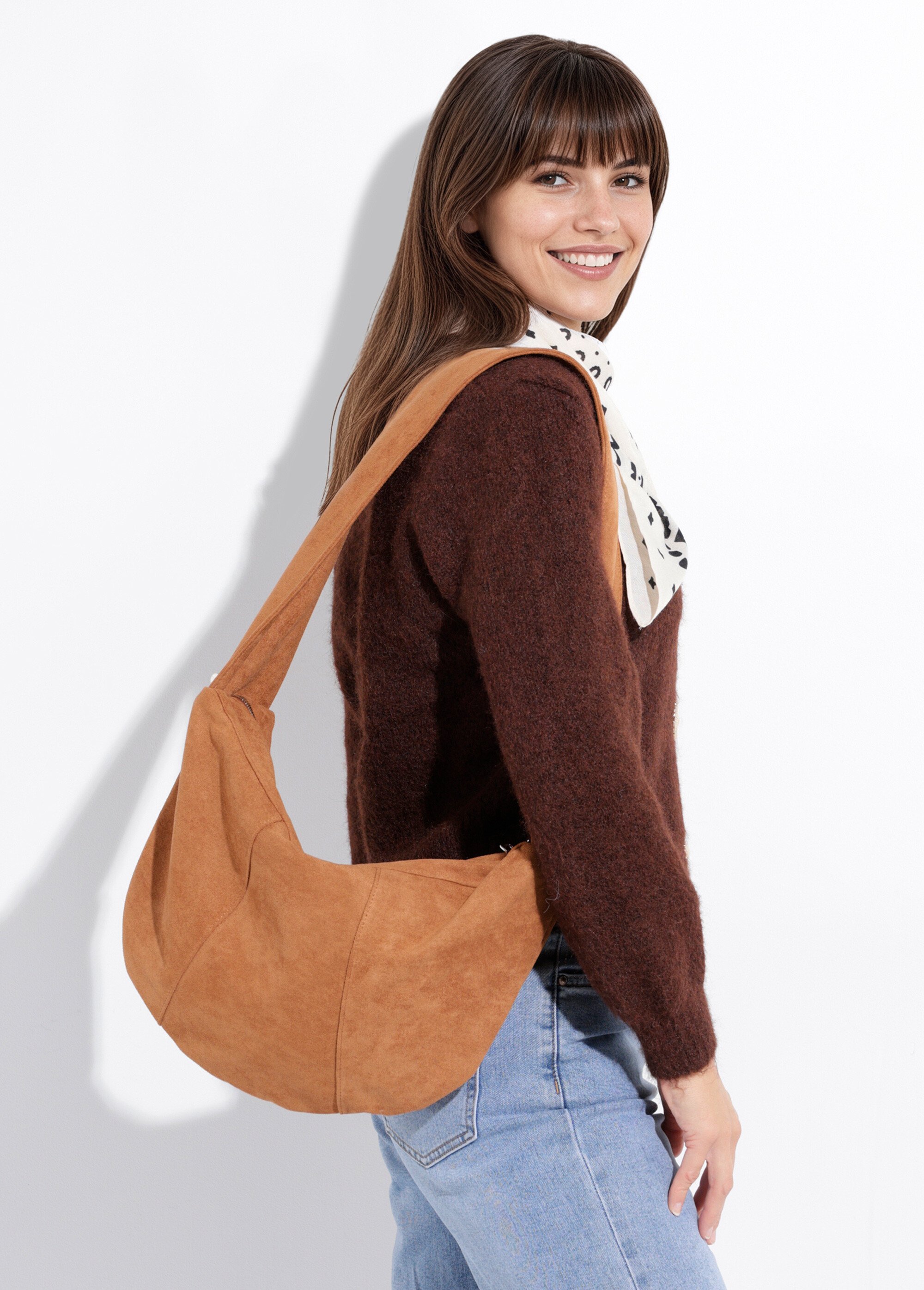 Sac en suédine à bandoulière large Femme Marron NES180LBW2503 FA1