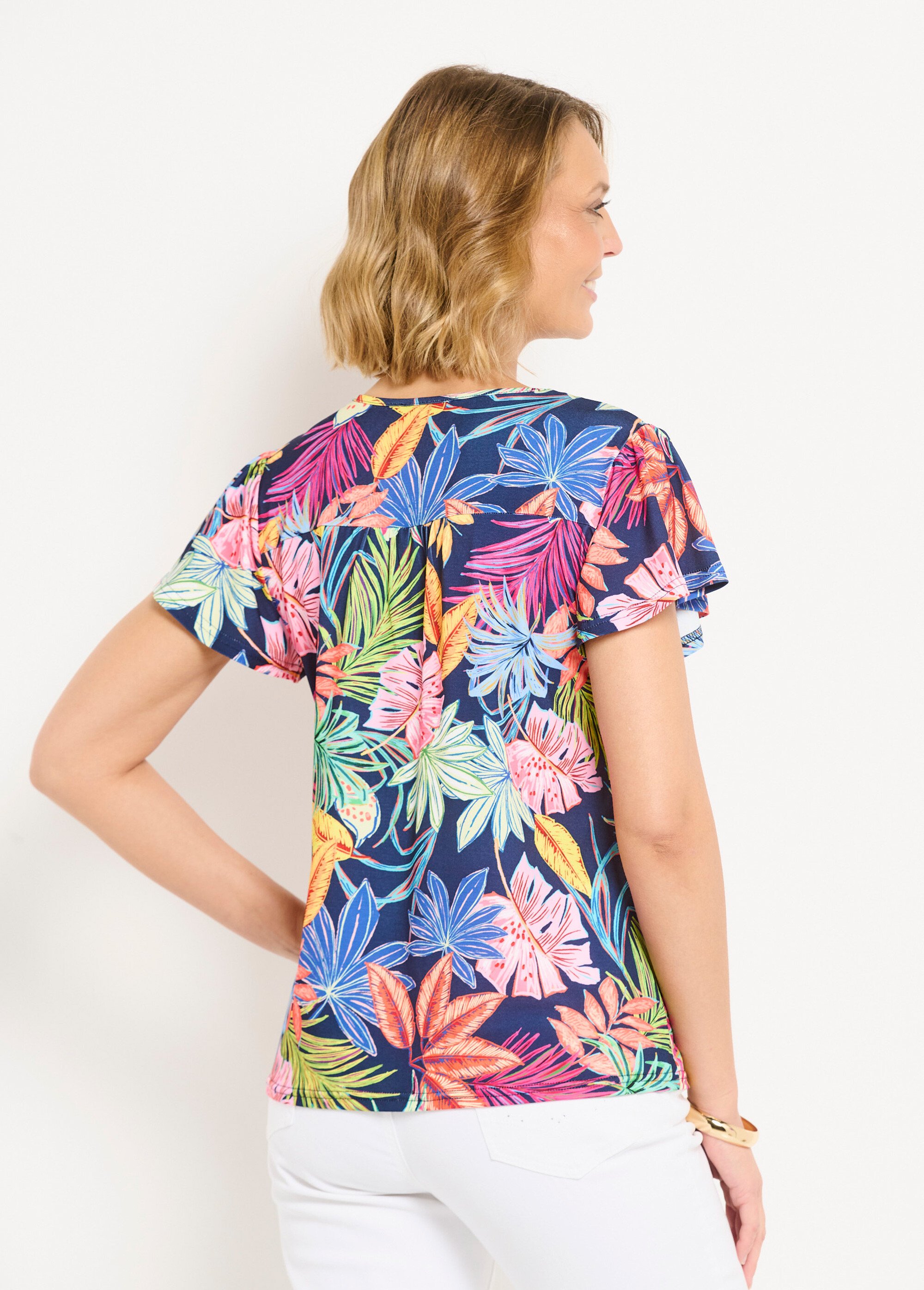 T-shirt ample col V imprimé feuilles manches courtes