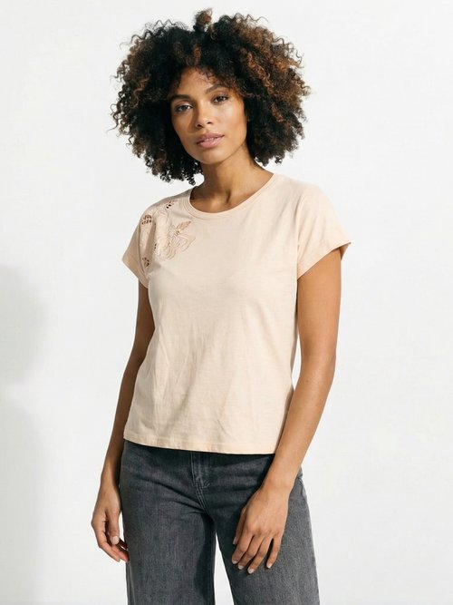 T-shirt court uni brodé ajouré manches courtes Femme Beige CLEYA FA1