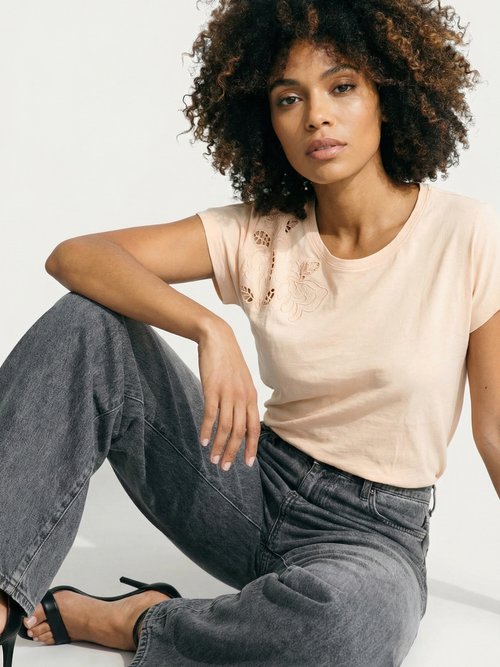 T-shirt court uni brodé ajouré manches courtes Femme Beige CLEYA MV1