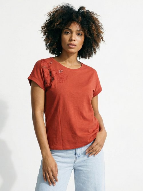 T-shirt court uni brodé ajouré manches courtes Femme Rouge CLEYA FA1