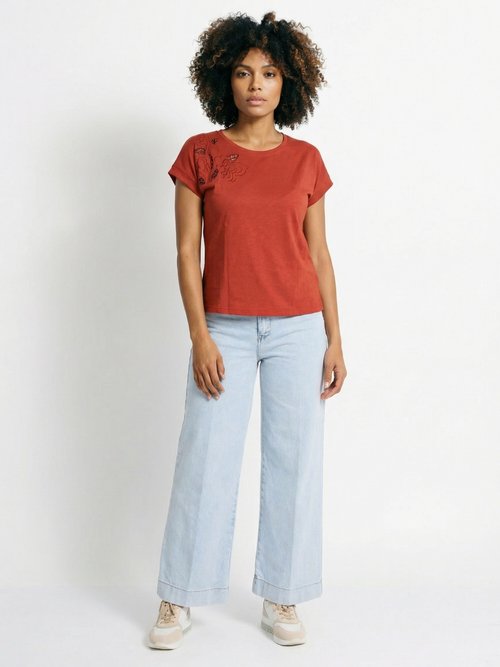 T-shirt court uni brodé ajouré manches courtes Femme Rouge CLEYA SF1