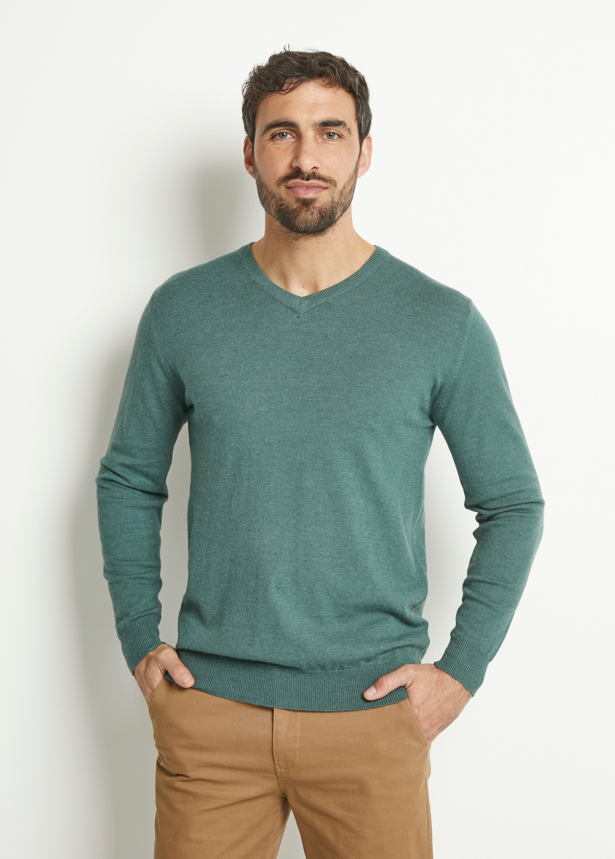 Pull col V maille empiècements coudes Homme VERT MENTHE YVE6749V FA2