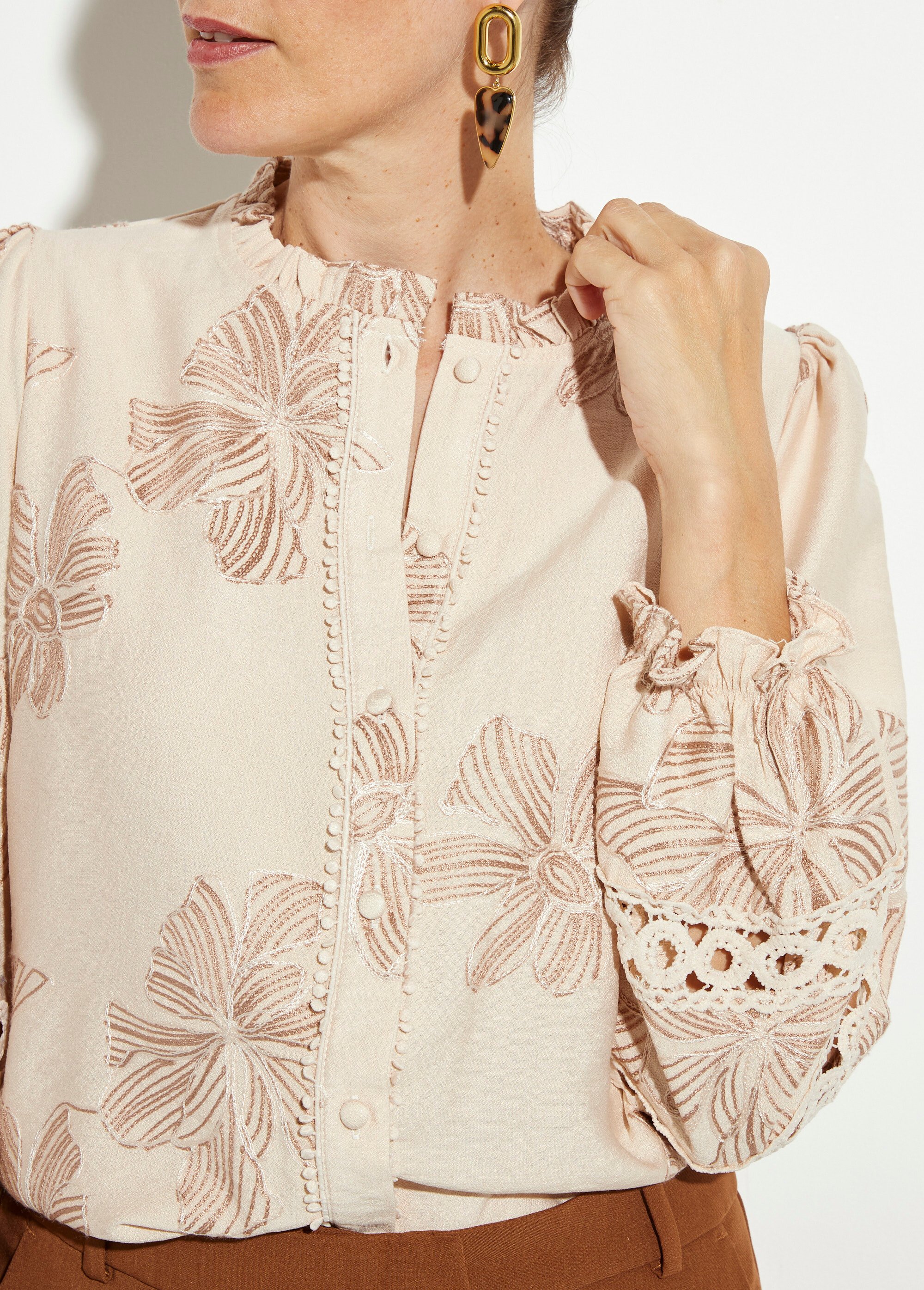 Chemisier boutonné, broderies et guipure Femme Beige IA-R5857 DE1