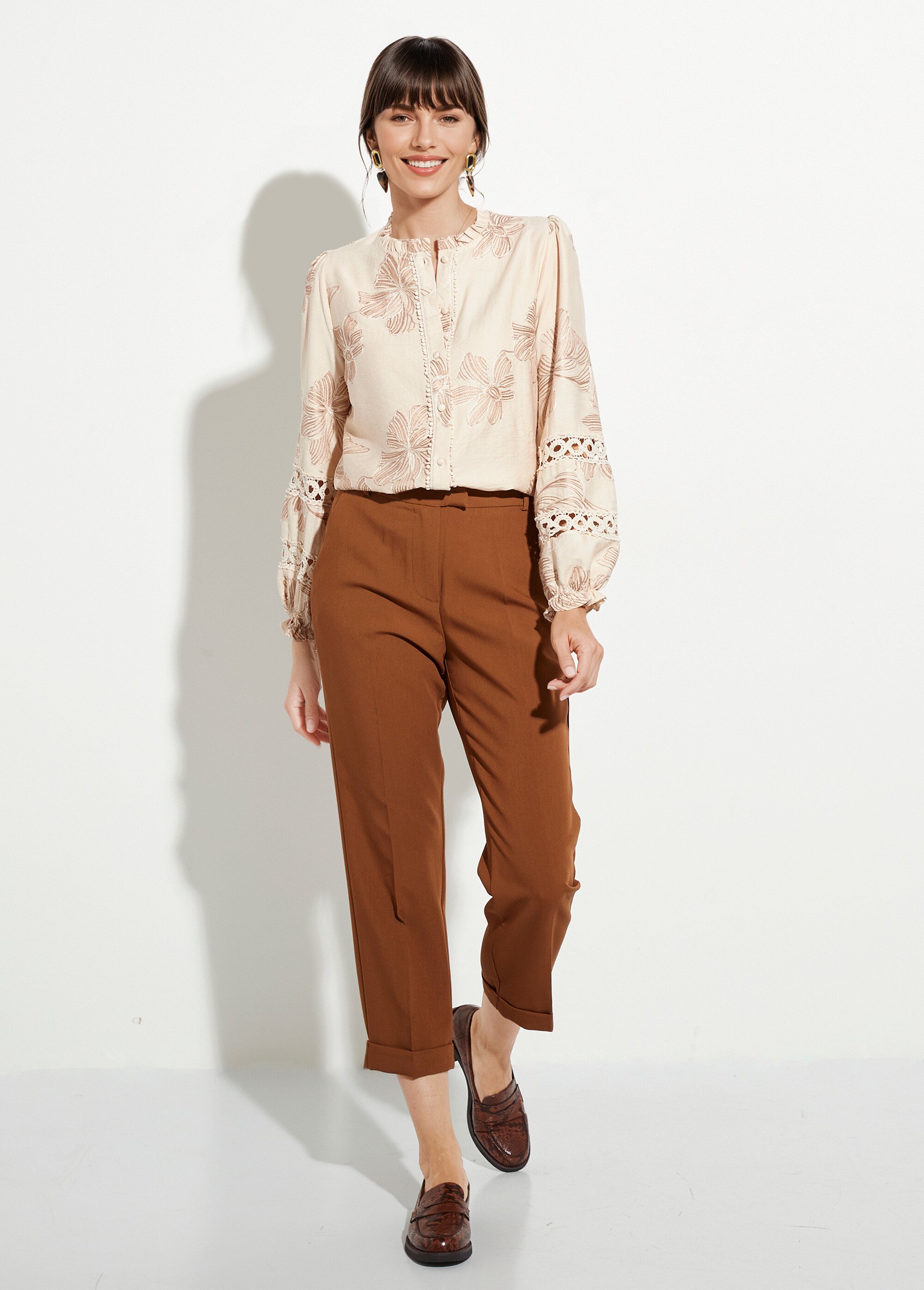 Chemisier boutonné, broderies et guipure Femme Beige IA-R5857 SF1