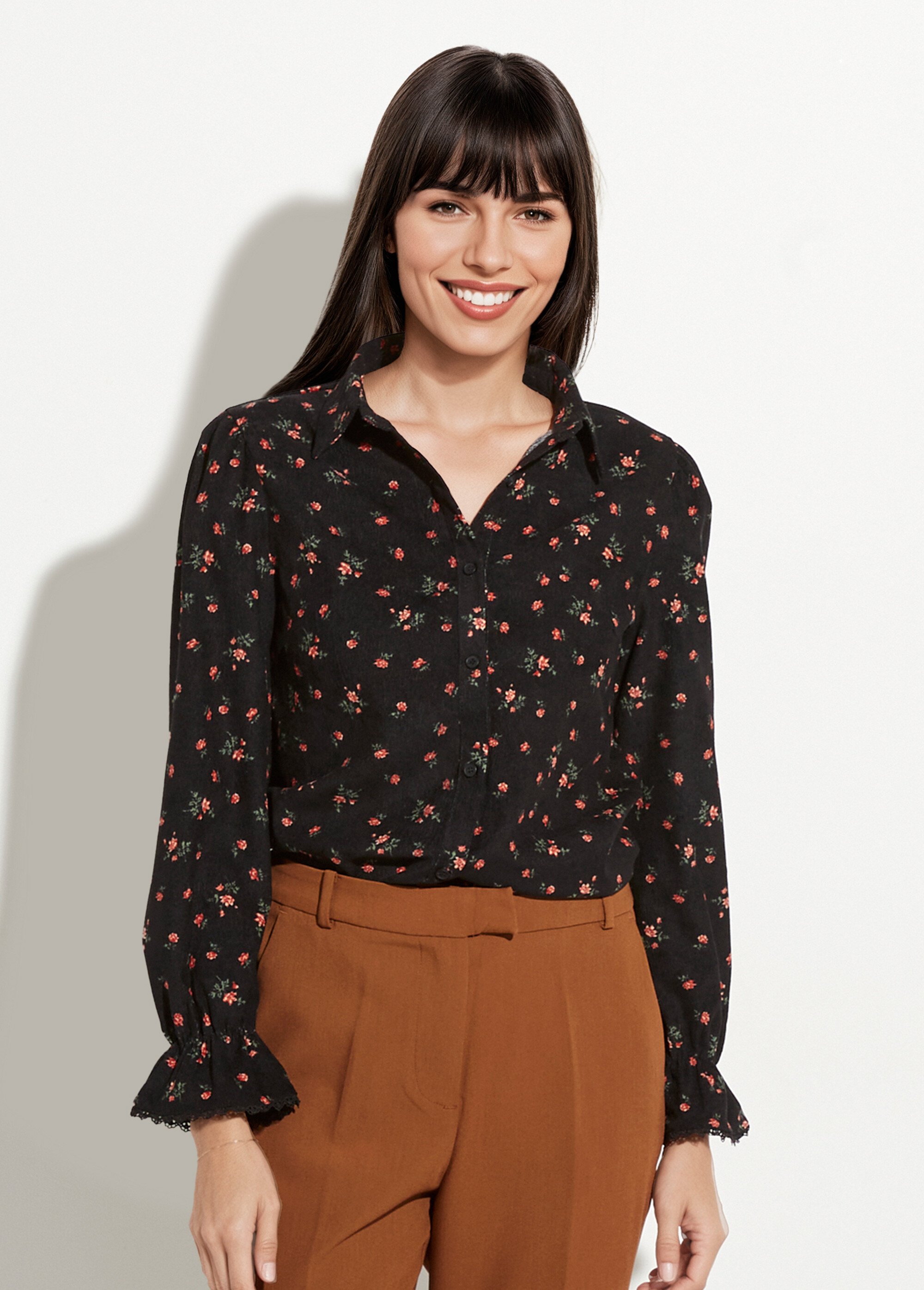 Chemisier velours milleraies motif roses Femme NOIR IMPRIME IA-T013 FA1