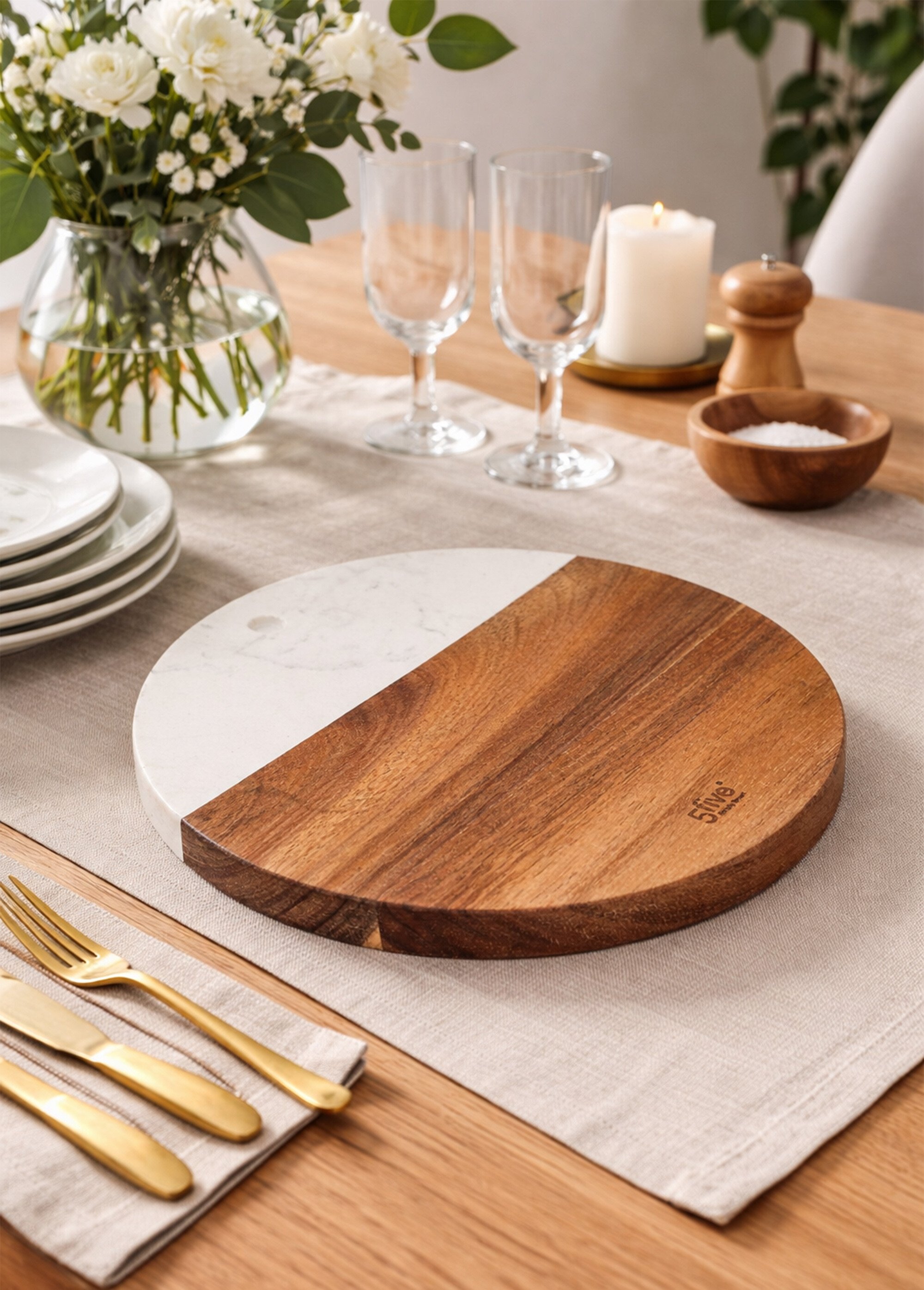 Dessous de plat en acacia et marbre, 20cm Marron JJA-204641 SI1