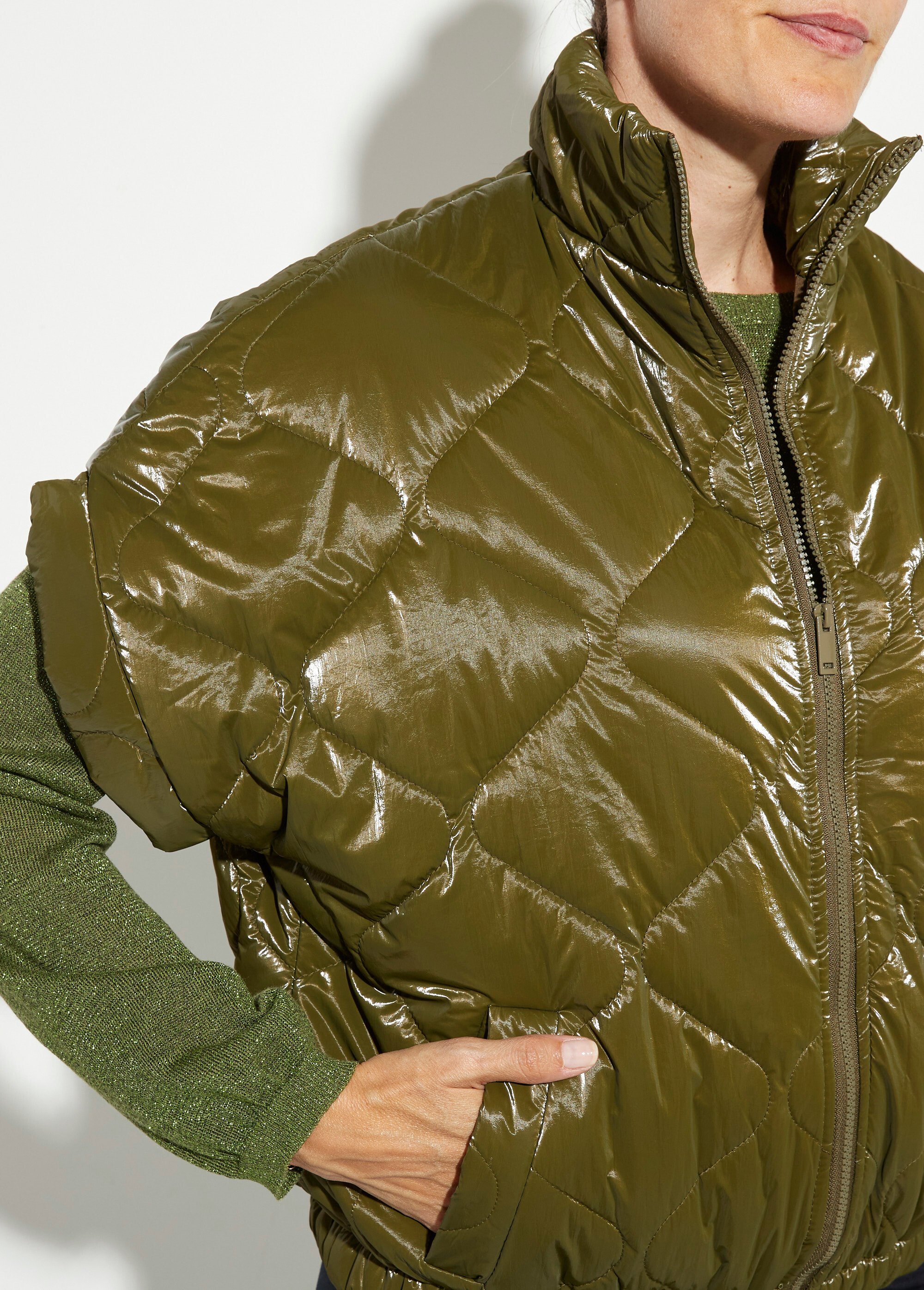 Doudoune brillante zippée sans manches brillante Femme Vert JSM-JS-1137 DE1
