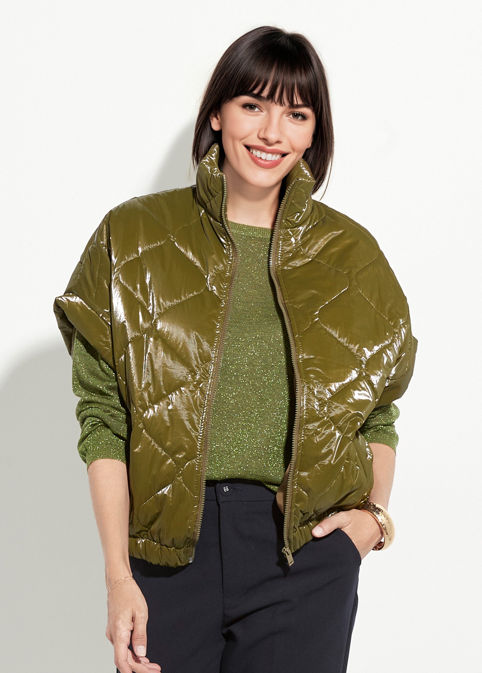 Doudoune brillante zippée sans manches brillante Femme Vert JSM-JS-1137 FA1