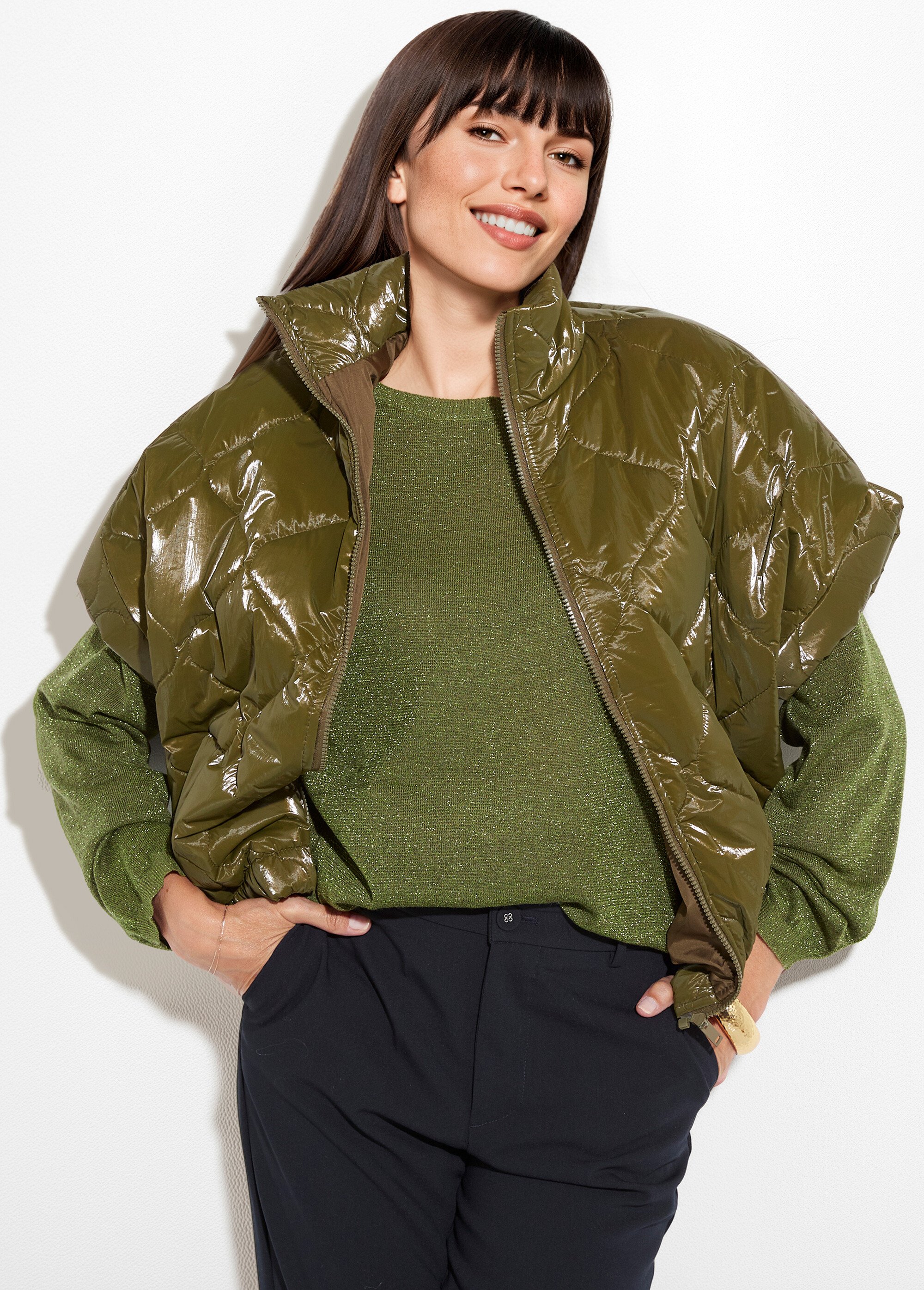 Doudoune brillante zippée sans manches brillante Femme Vert JSM-JS-1137 MV1