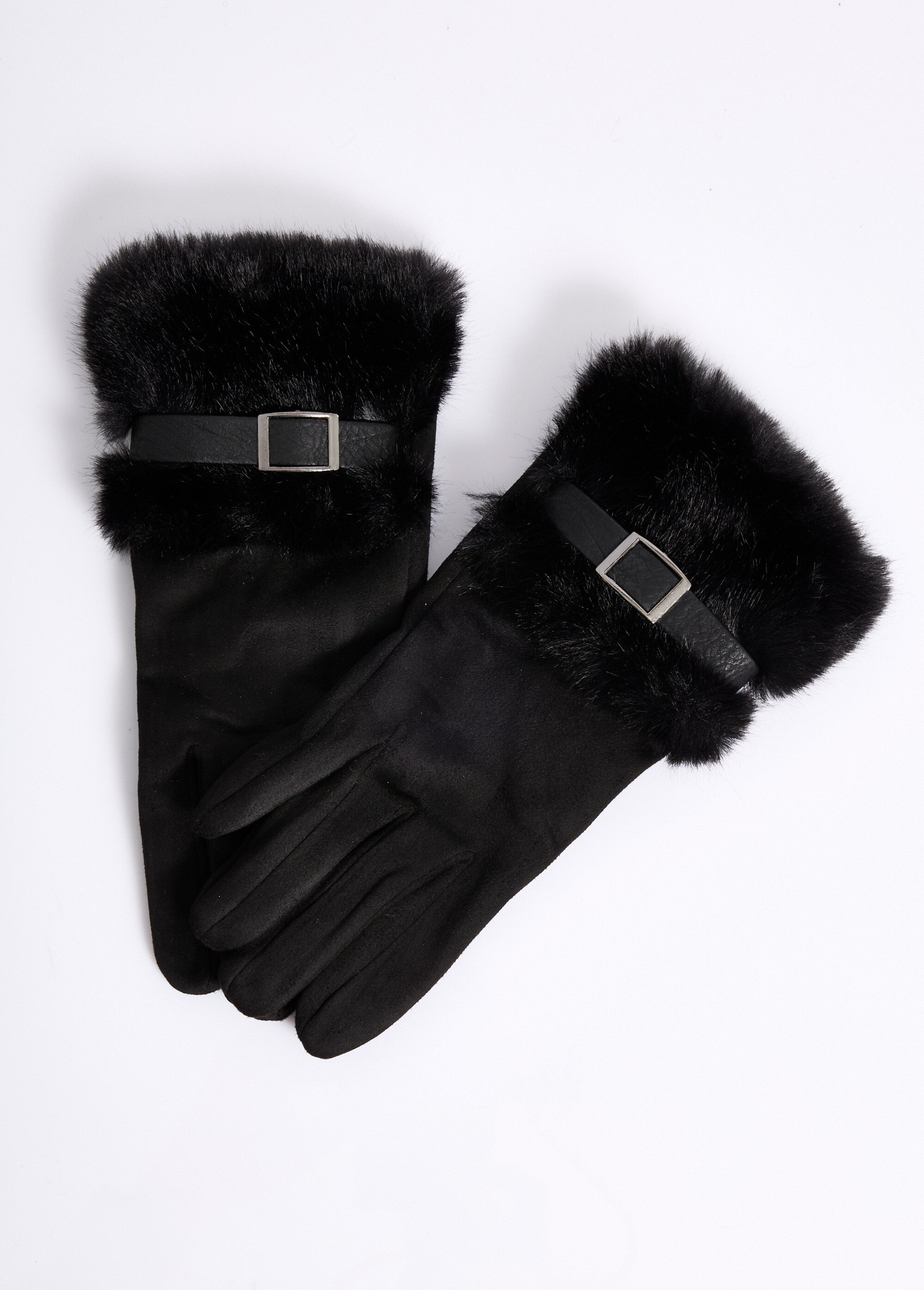 Gants en suédine poignet fourrure Femme Noir NES180LFG2318 DE1